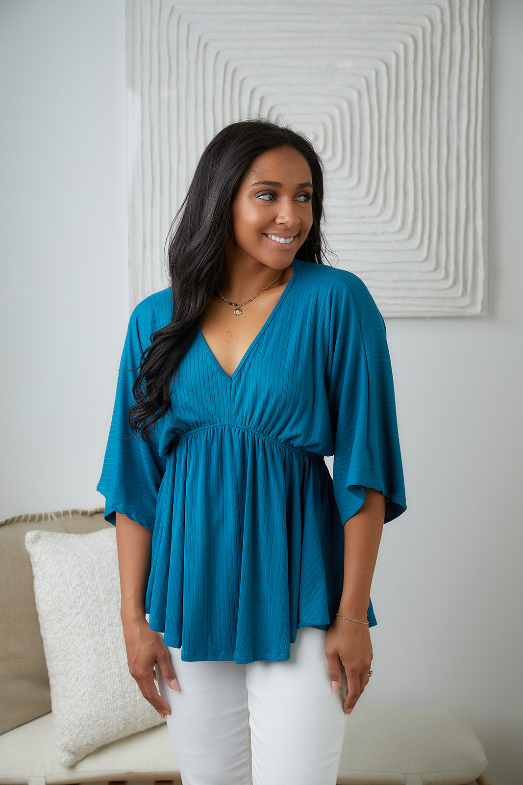 Storied Moments Draped Peplum Top in Teal - 5/19/2023