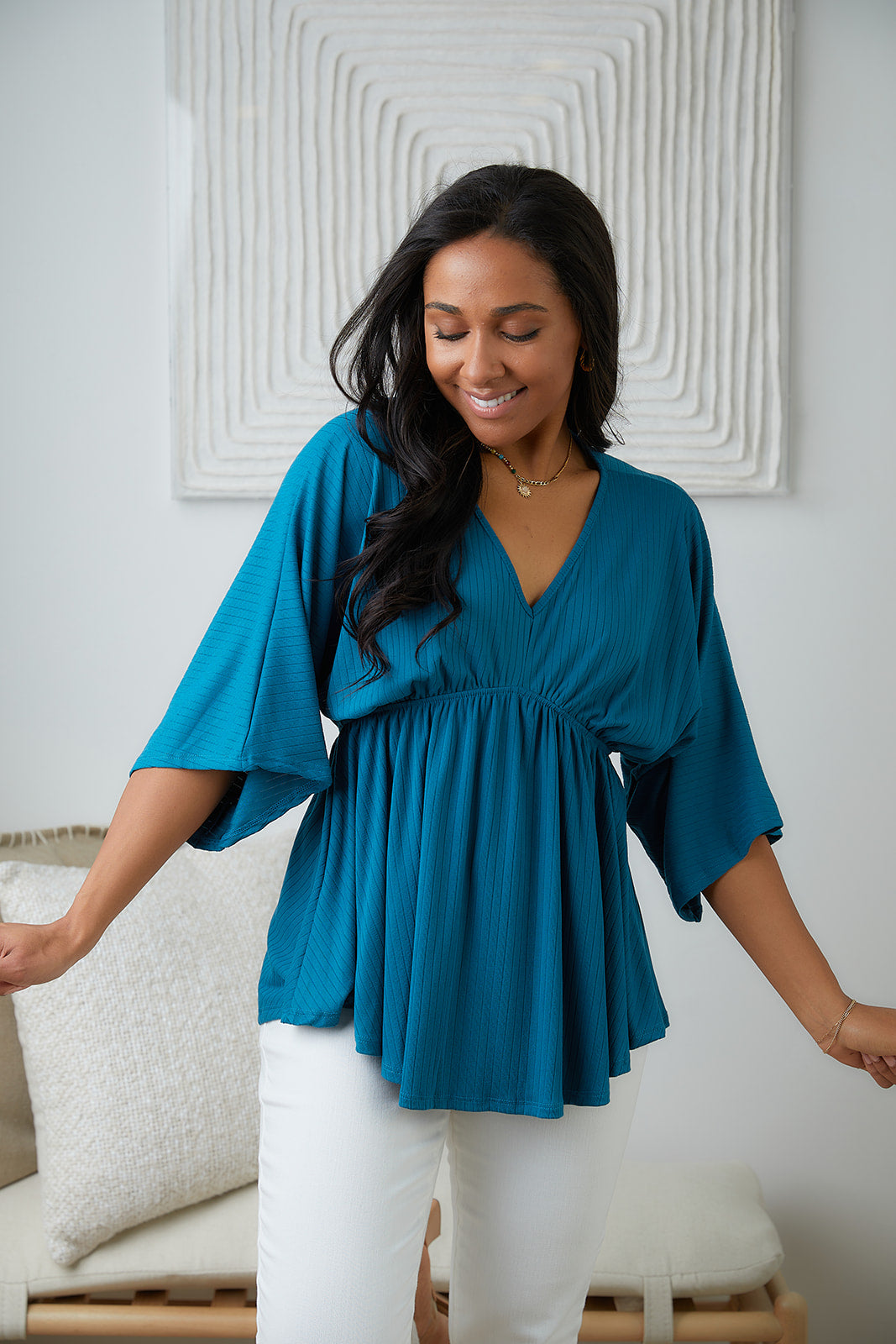 Storied Moments Draped Peplum Top in Teal - 5/19/2023