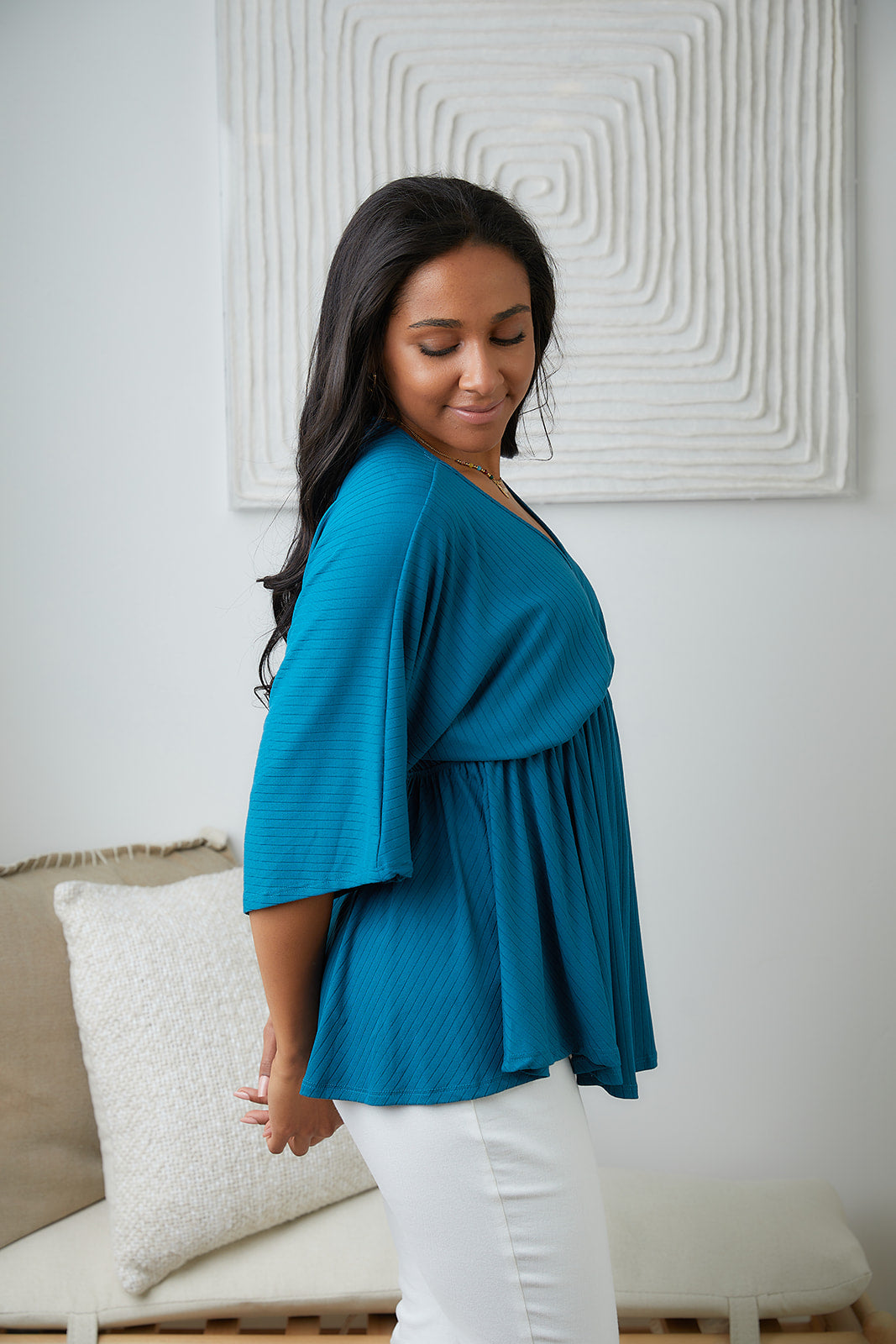 Storied Moments Draped Peplum Top in Teal - 5/19/2023