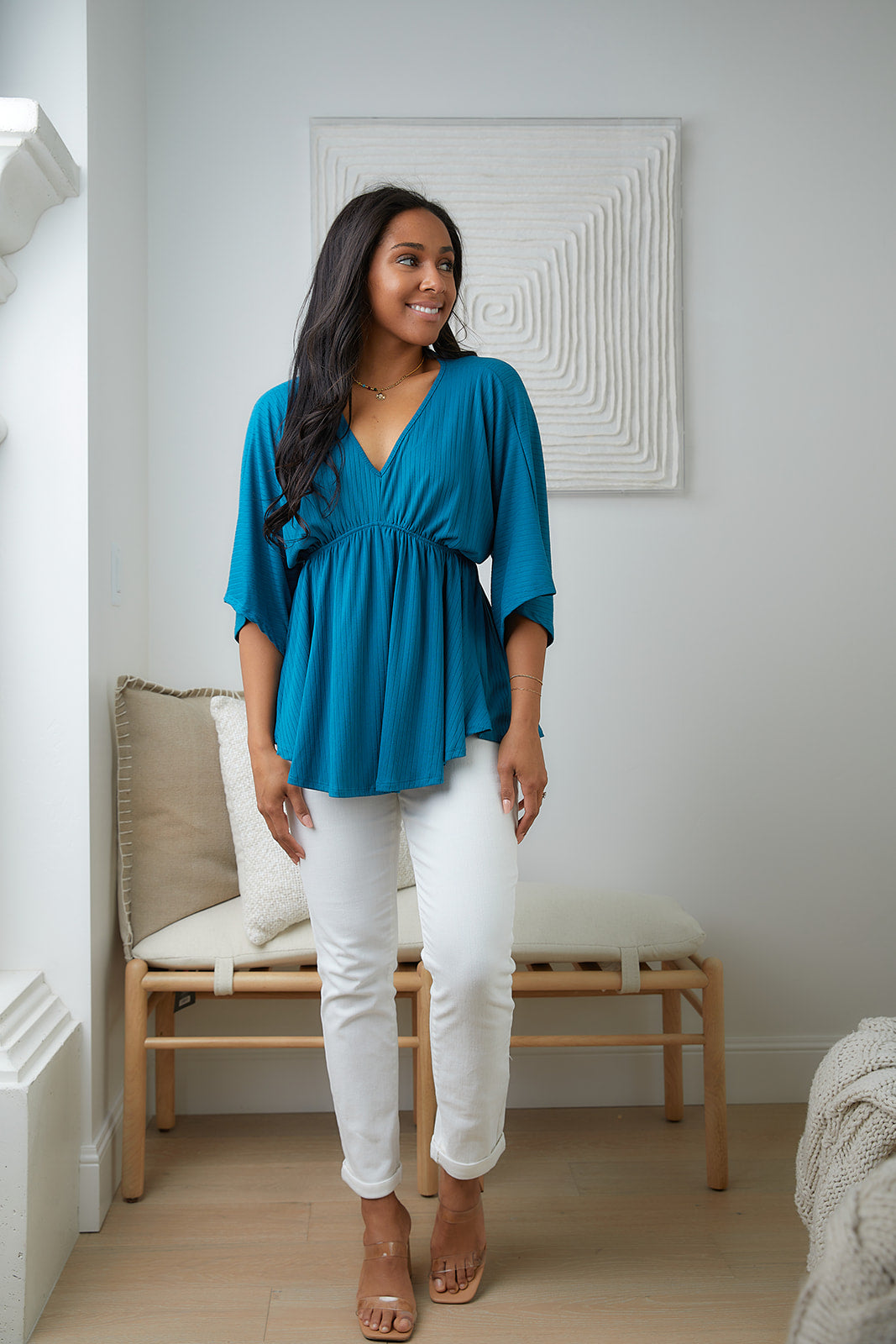 Storied Moments Draped Peplum Top in Teal - 5/19/2023