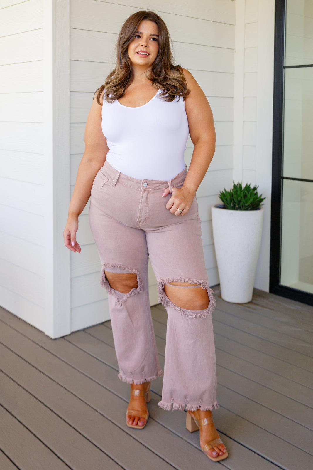 Babs High Rise Distressed Straight Jeans in Mauve - 8/31/2023