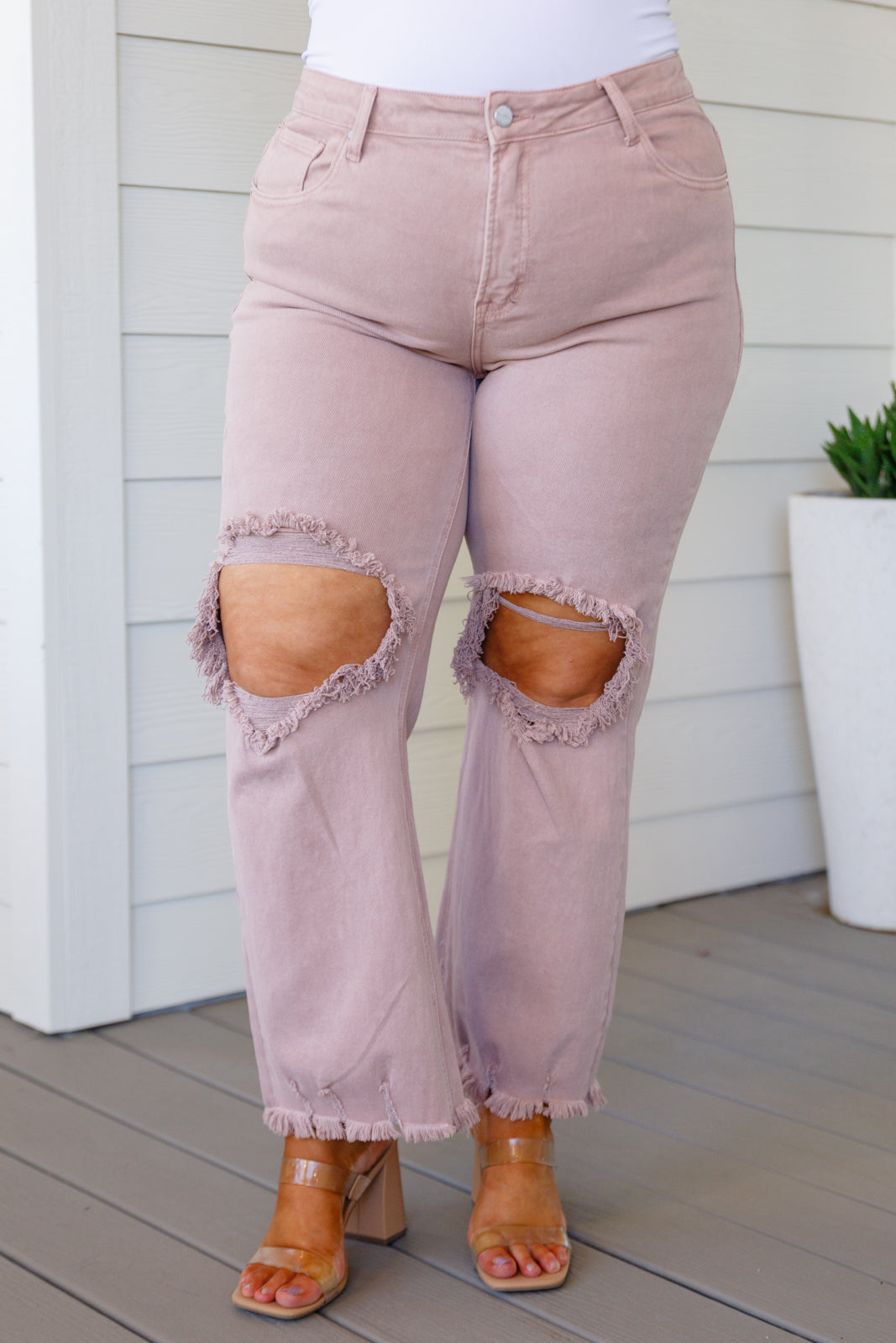 Babs High Rise Distressed Straight Jeans in Mauve - 8/31/2023