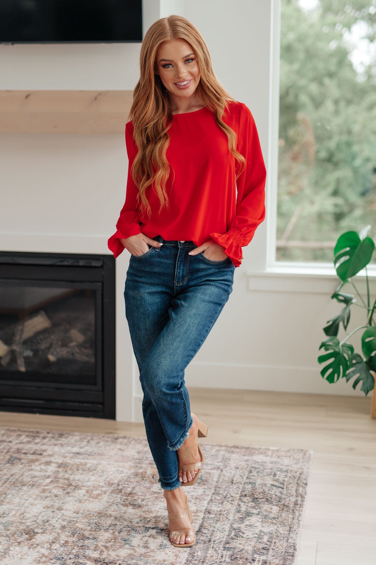 Peaceful Moments Smocked Sleeve Blouse in Red - 11/3/2023