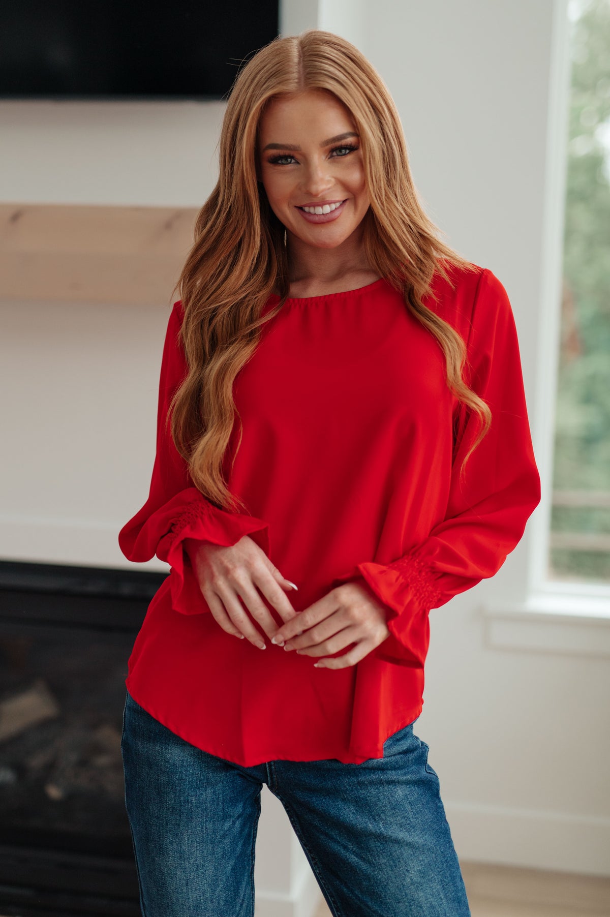 Peaceful Moments Smocked Sleeve Blouse in Red - 11/3/2023