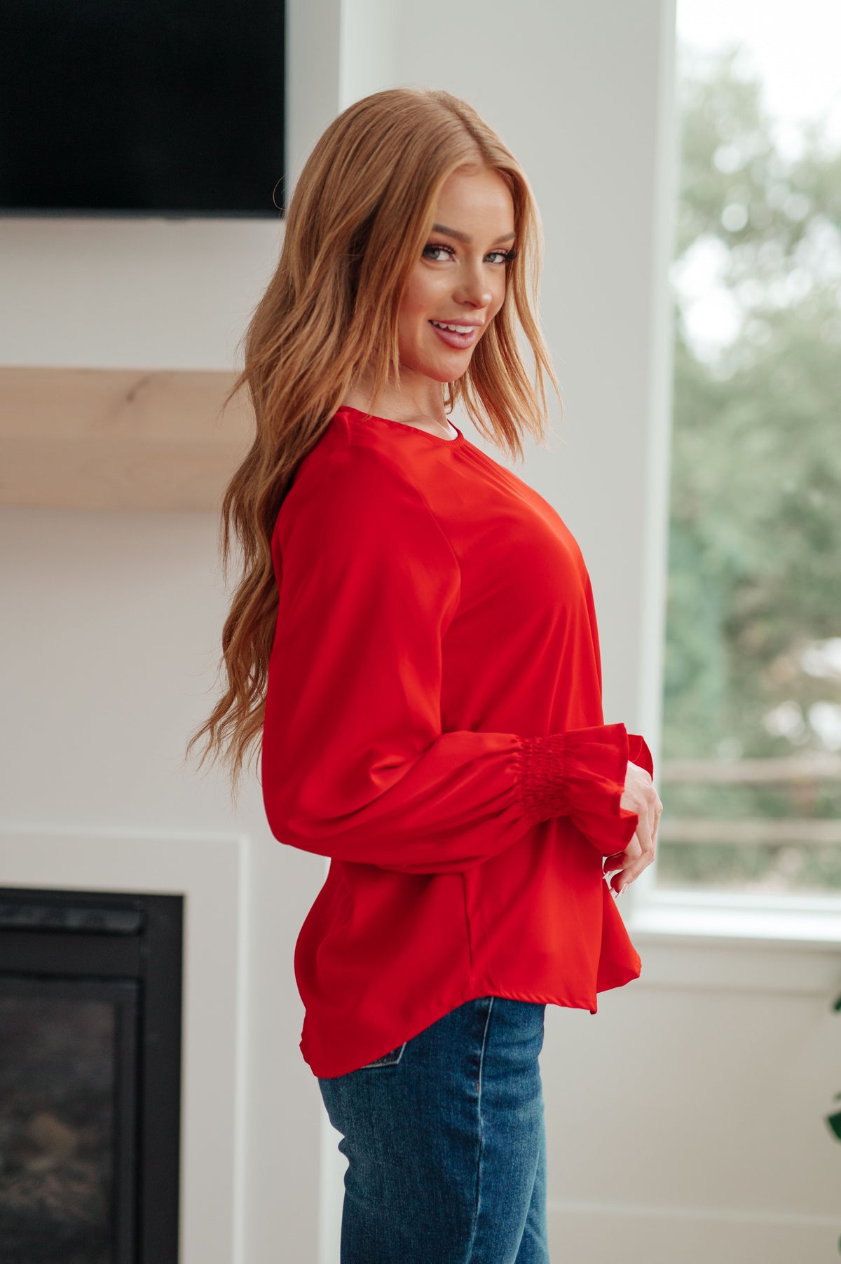 Peaceful Moments Smocked Sleeve Blouse in Red - 11/3/2023
