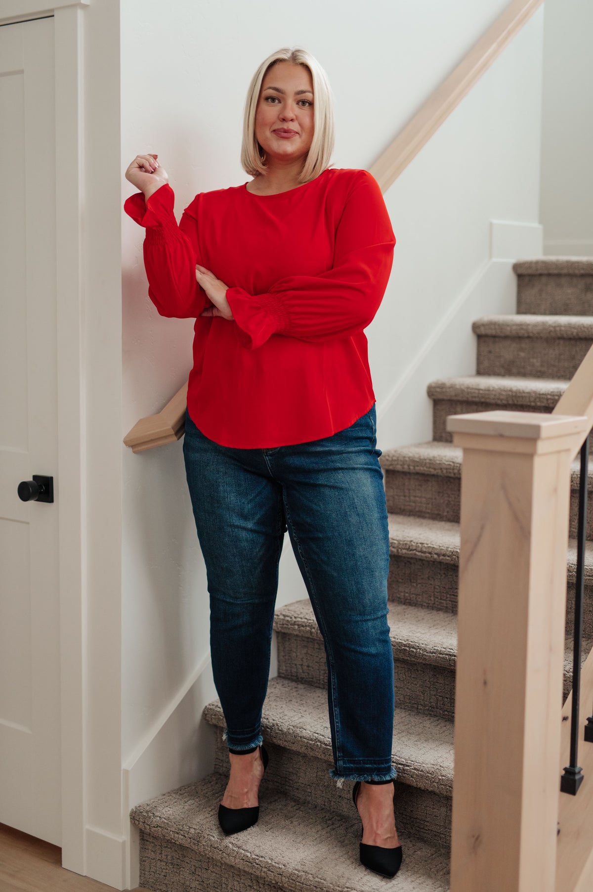 Peaceful Moments Smocked Sleeve Blouse in Red - 11/3/2023