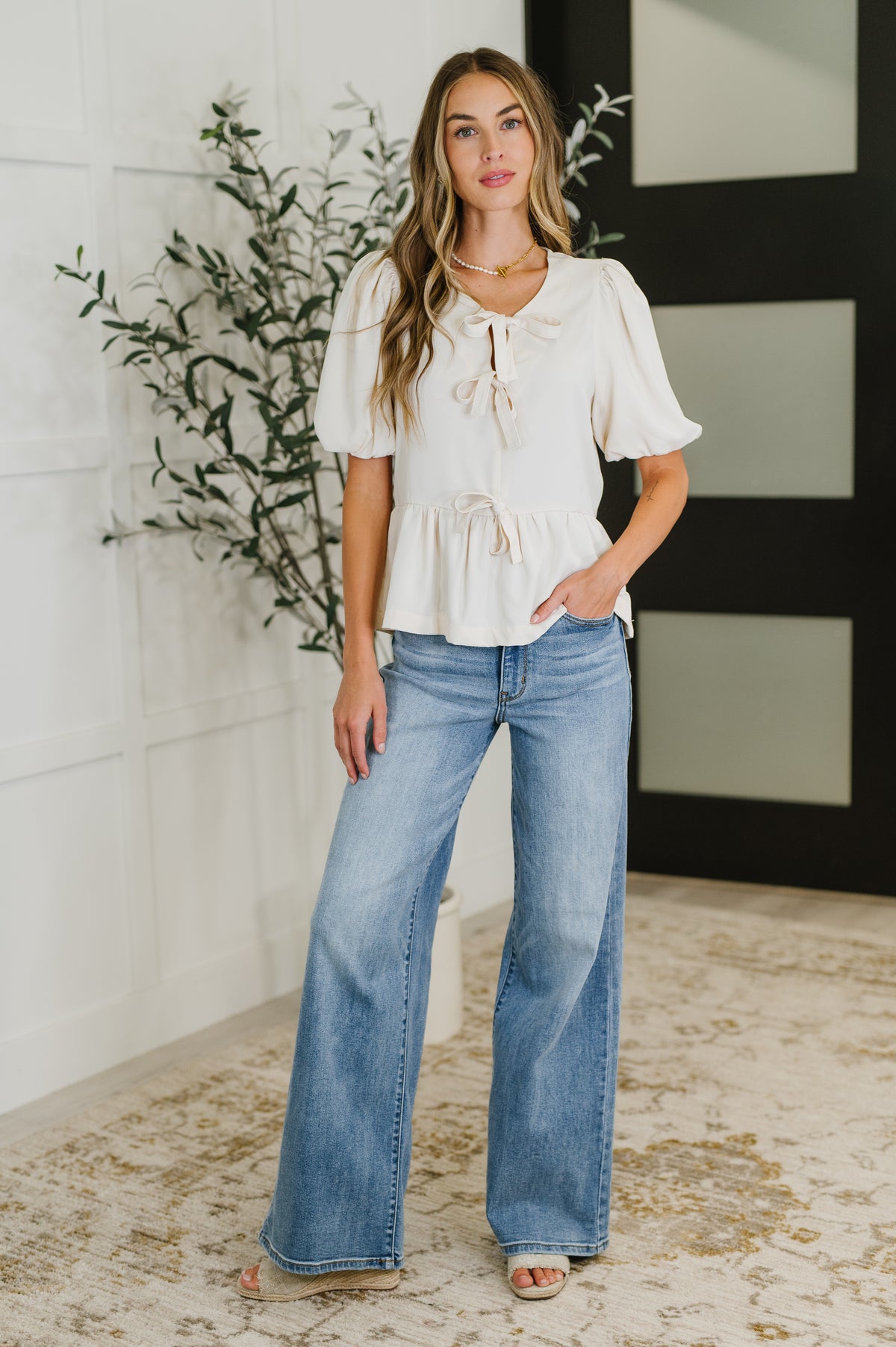 PREORDER: Balloon Sleeve Bow Blouse in Ivory - Ships in 4 weeks