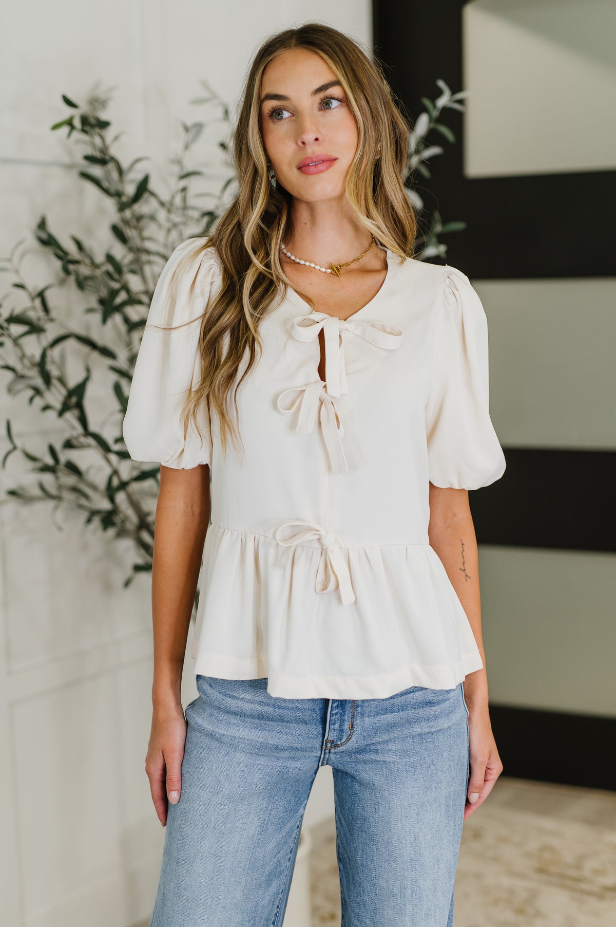 PREORDER: Balloon Sleeve Bow Blouse in Ivory - Ships in 4 weeks