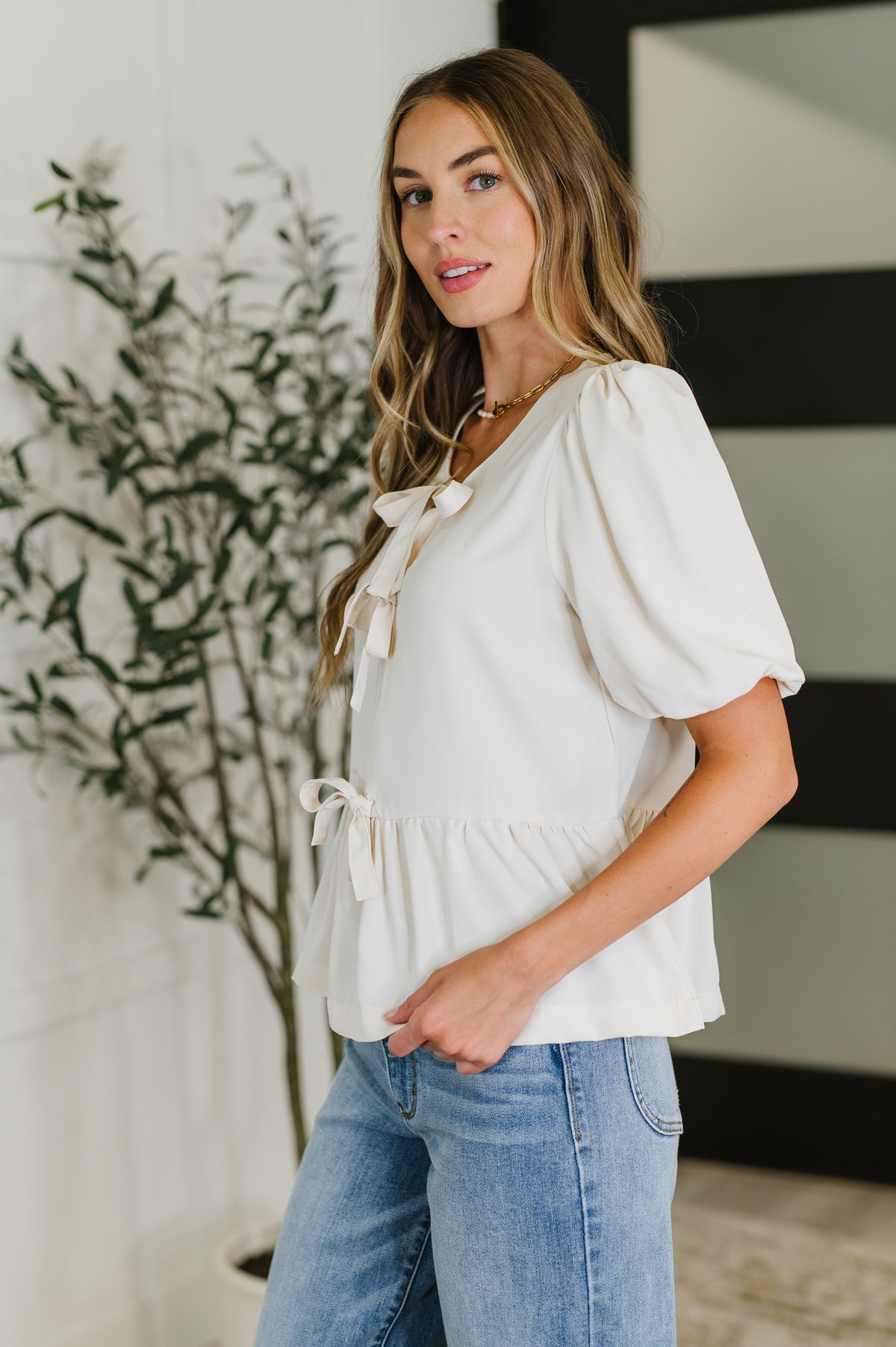 PREORDER: Balloon Sleeve Bow Blouse in Ivory - Ships in 4 weeks