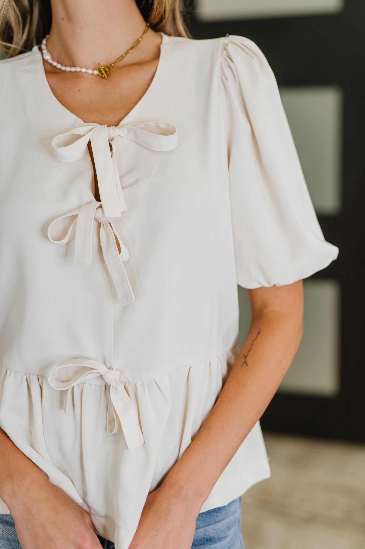 PREORDER: Balloon Sleeve Bow Blouse in Ivory - Ships in 4 weeks