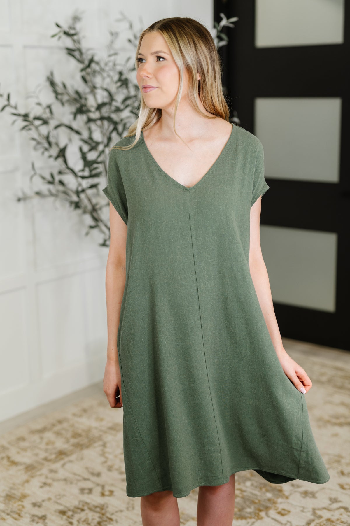 Barely Trying V-Neck Relaxed Dress in Gray Green - 6/17/2025 NEW