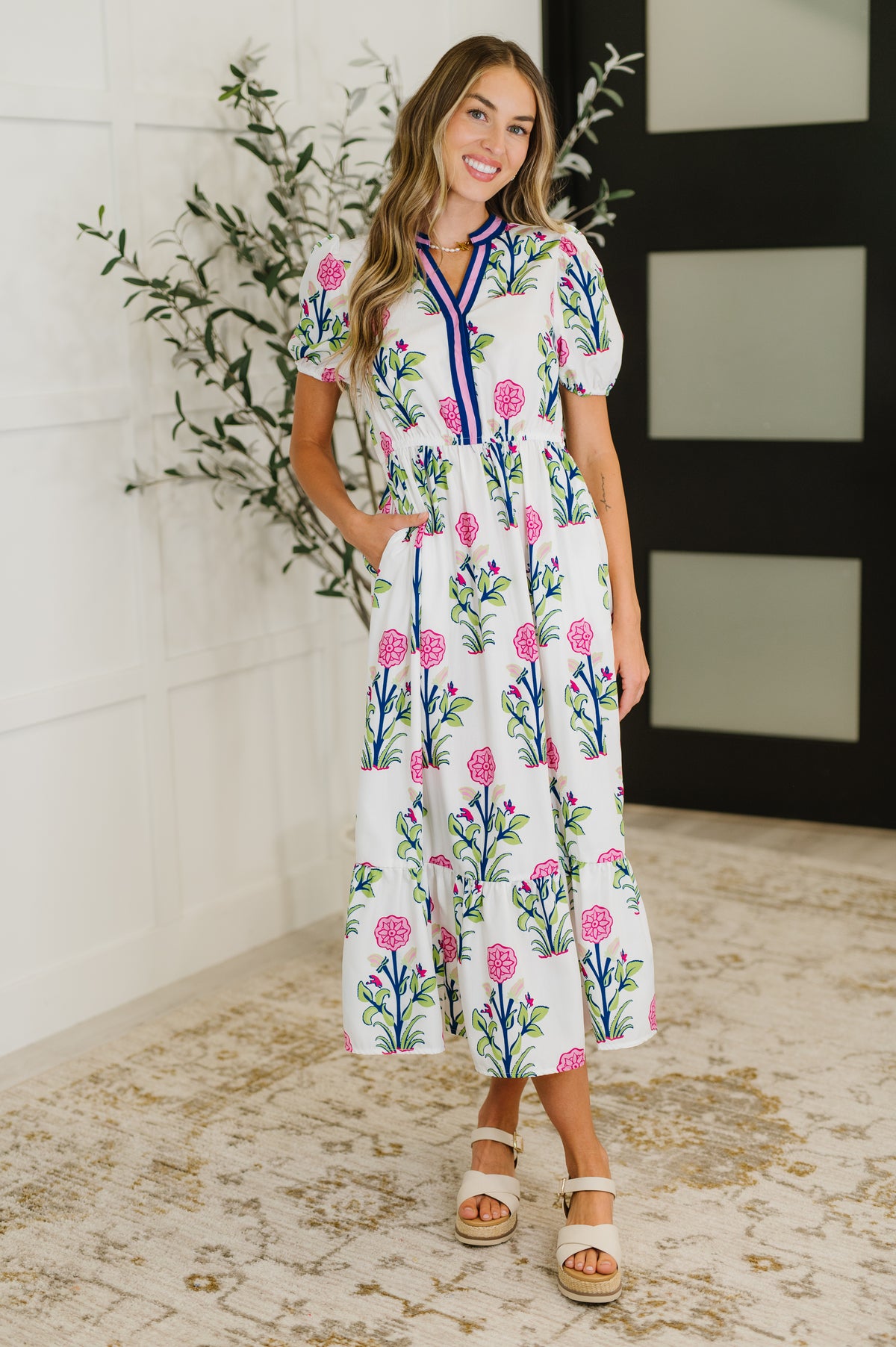 PREORDER: Boho V-Neck Balloon Sleeve Dress in Floral Print - Ships in 2-3 weeks
