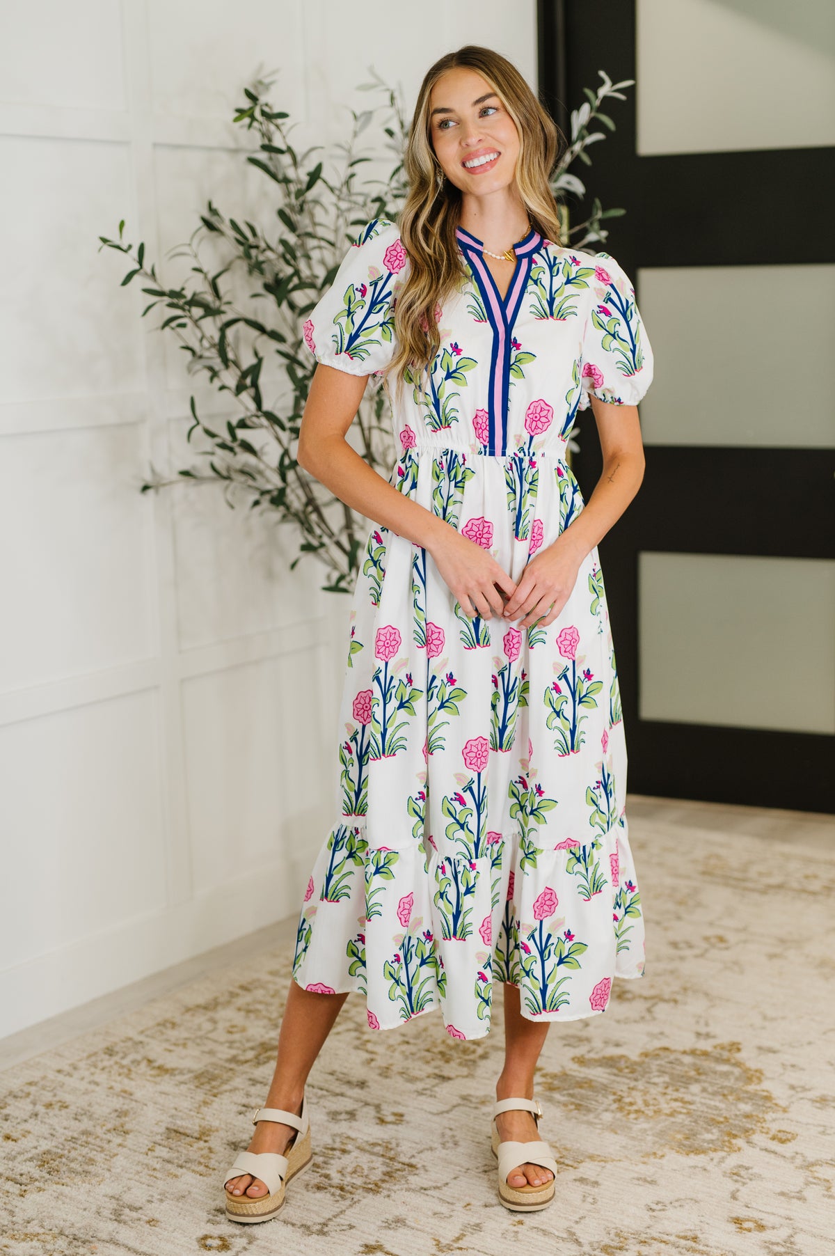 PREORDER: Boho V-Neck Balloon Sleeve Dress in Floral Print - Ships in 2-3 weeks
