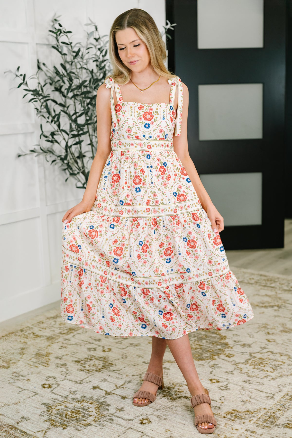 Country Crush Adjustable Strap Dress in Cream and Red - 7/18/2025 NEW