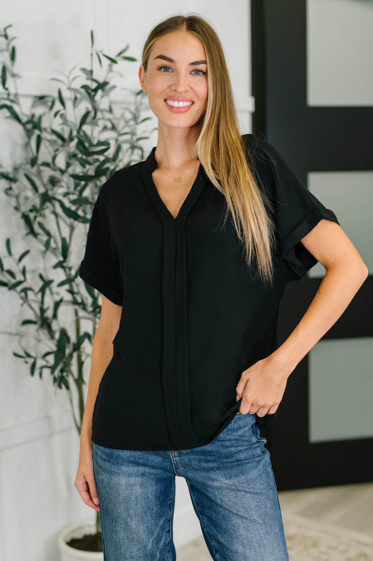 PREORDER: Crinkle Wove V-Neck Blouse in Four Colors - Ships in 4 weeks