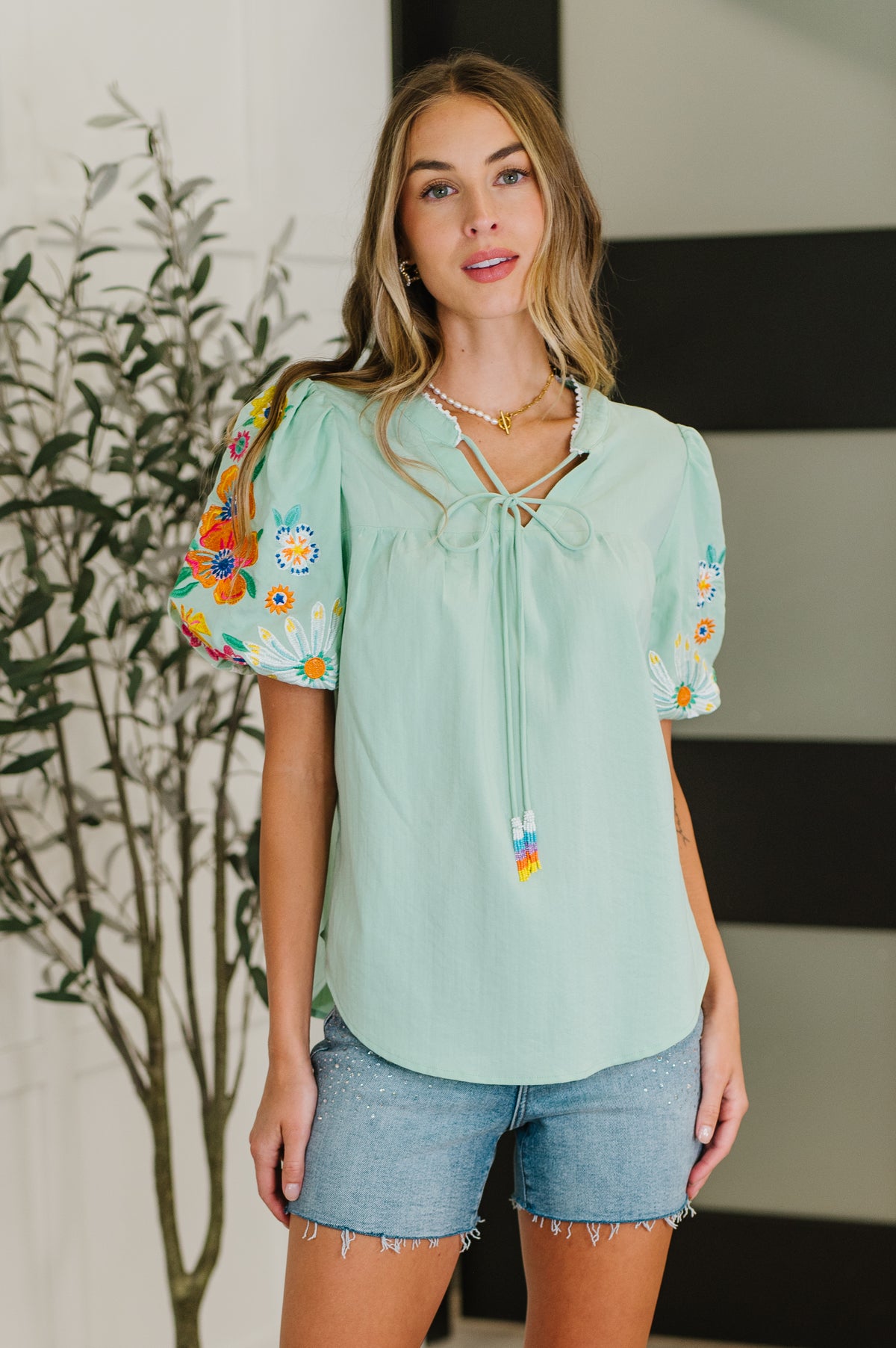 PREORDER: Embroidered Puff Sleeve V-Neck Blouse in Aqua - Ships in 2-3 weeks