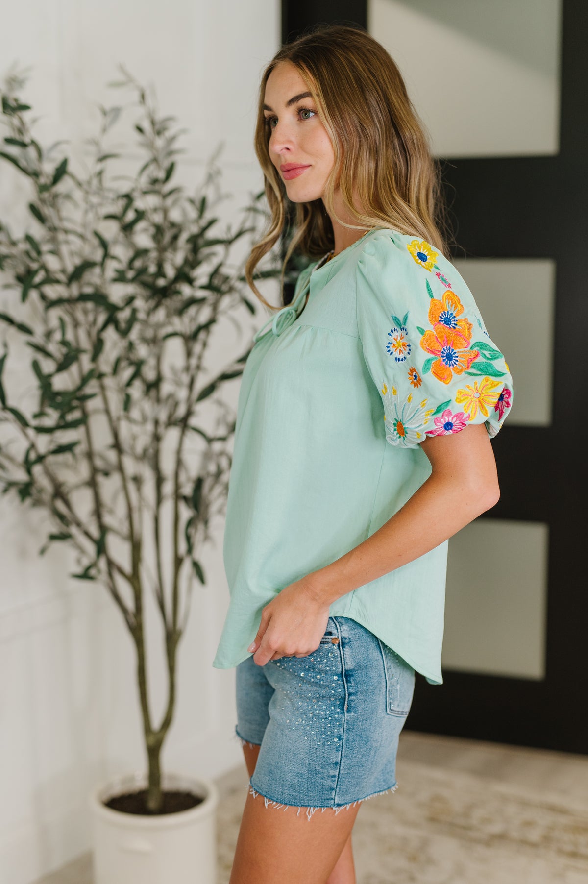 PREORDER: Embroidered Puff Sleeve V-Neck Blouse in Aqua - Ships in 2-3 weeks