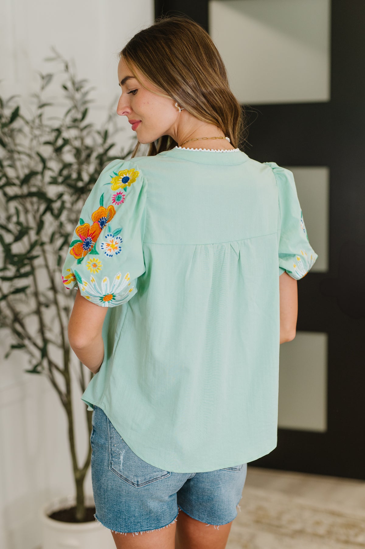 PREORDER: Embroidered Puff Sleeve V-Neck Blouse in Aqua - Ships in 2-3 weeks