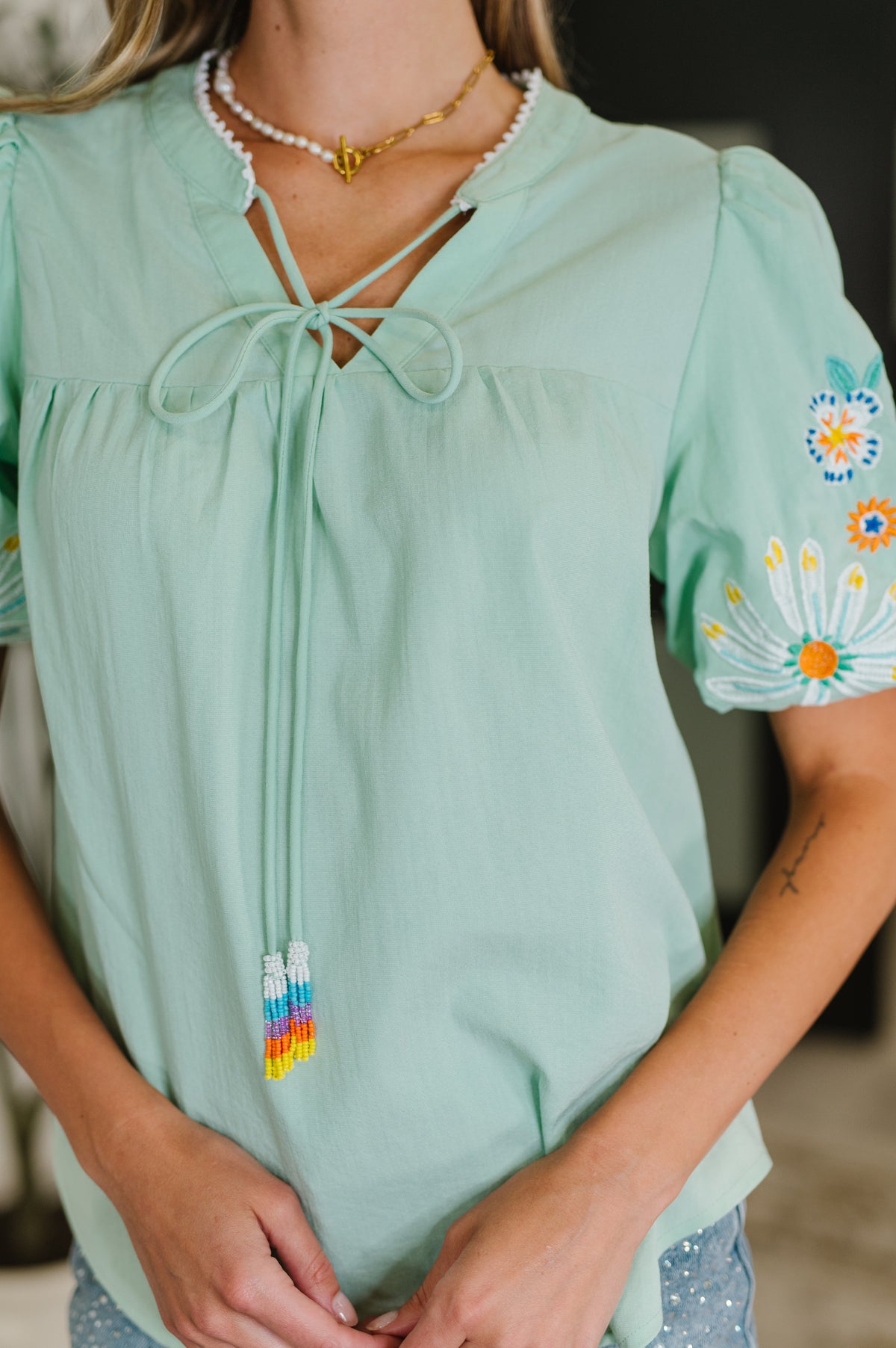 PREORDER: Embroidered Puff Sleeve V-Neck Blouse in Aqua - Ships in 2-3 weeks
