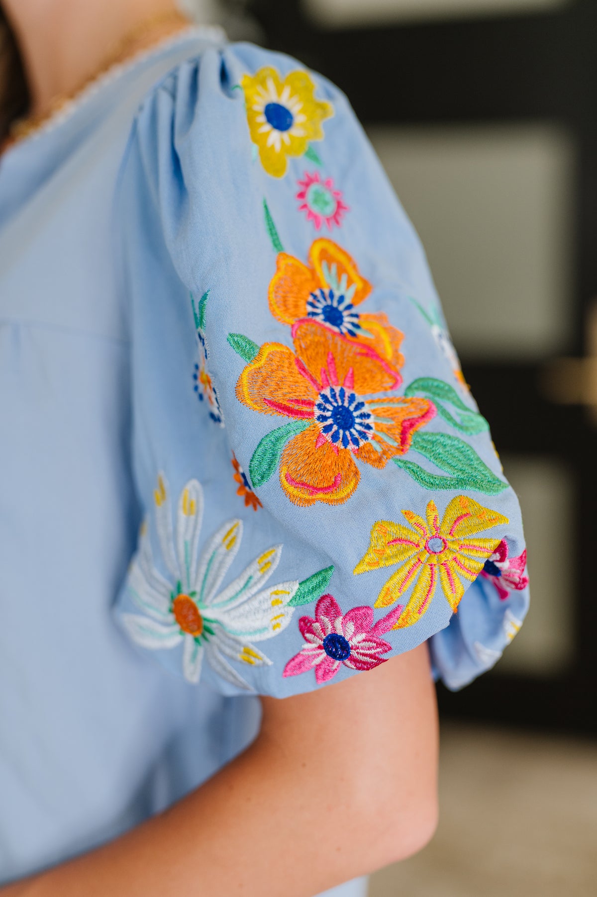PREORDER: Embroidered Puff Sleeve V-Neck Blouse in Light Blue - Ships in 2-3 weeks
