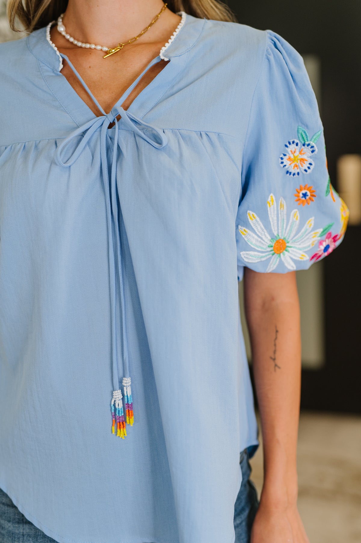 PREORDER: Embroidered Puff Sleeve V-Neck Blouse in Light Blue - Ships in 2-3 weeks