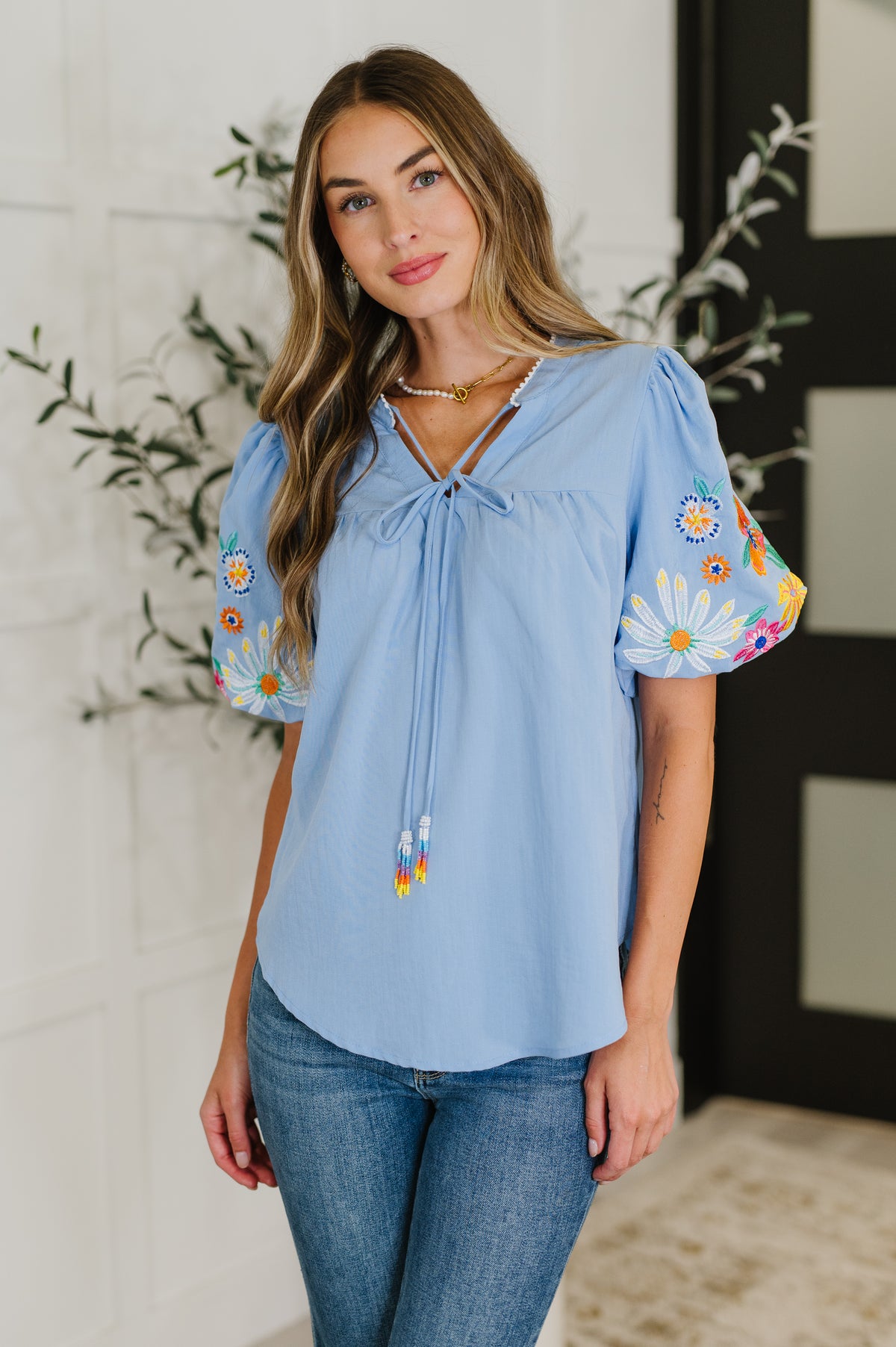 PREORDER: Embroidered Puff Sleeve V-Neck Blouse in Light Blue - Ships in 2-3 weeks