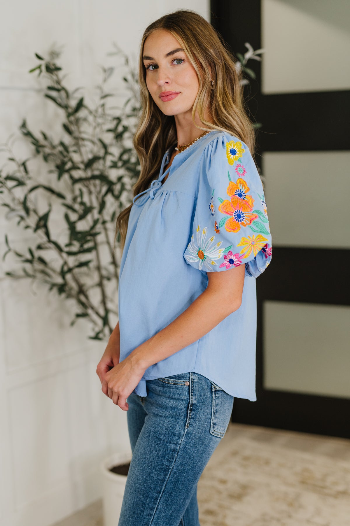 PREORDER: Embroidered Puff Sleeve V-Neck Blouse in Light Blue - Ships in 2-3 weeks