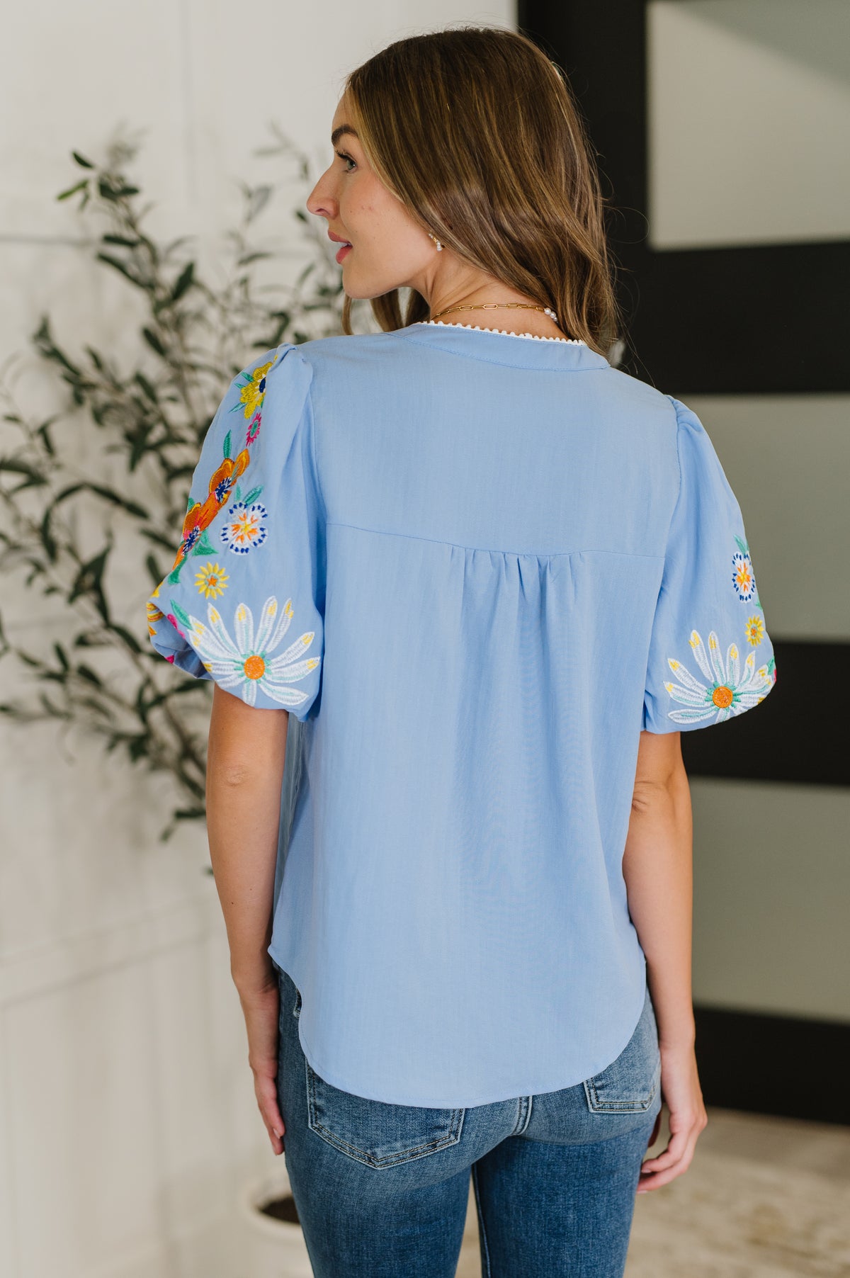 PREORDER: Embroidered Puff Sleeve V-Neck Blouse in Light Blue - Ships in 2-3 weeks