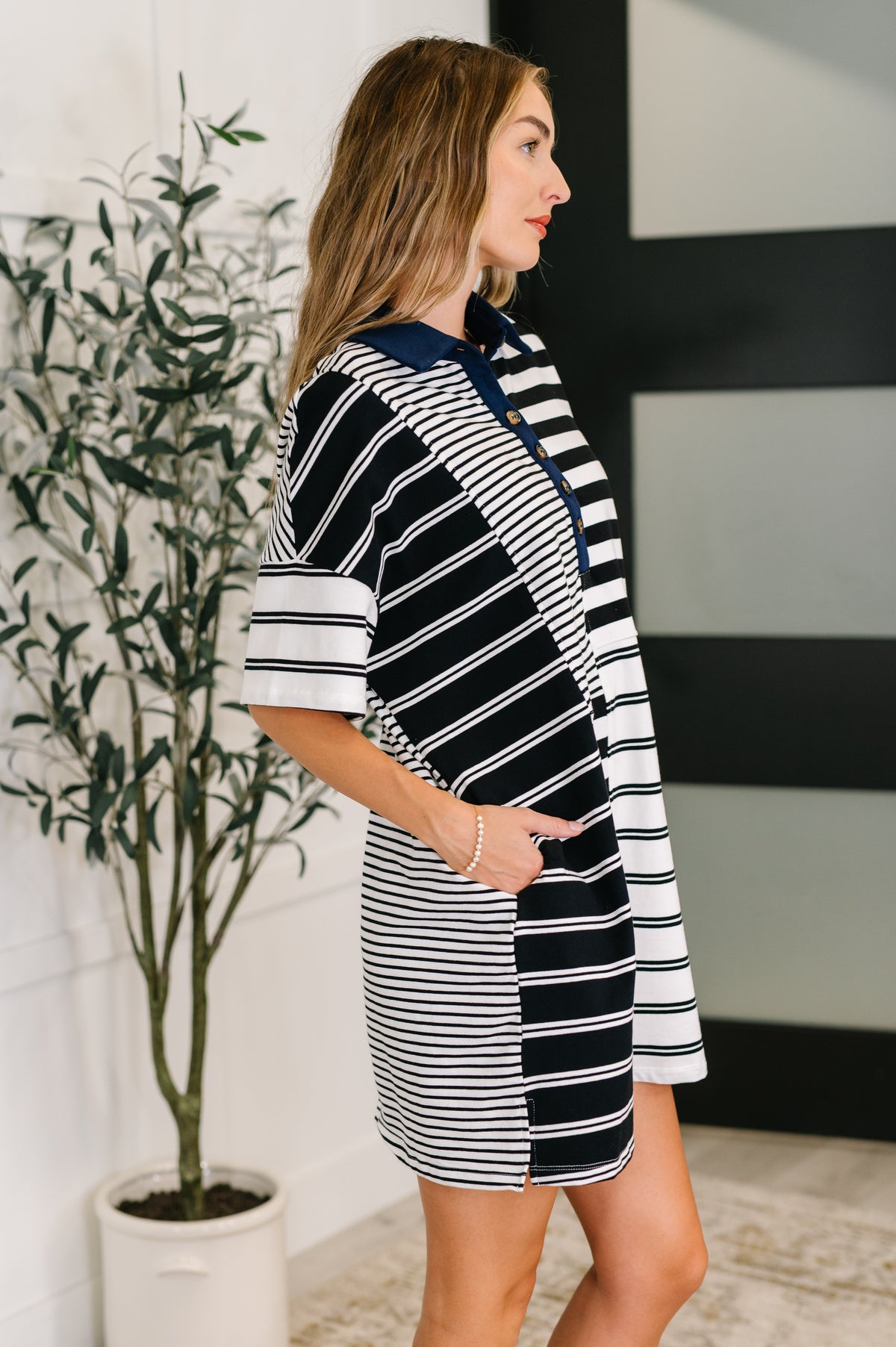 Everlasting Love Striped Collared Dress in Black and Navy - 8/22/2025 NEW