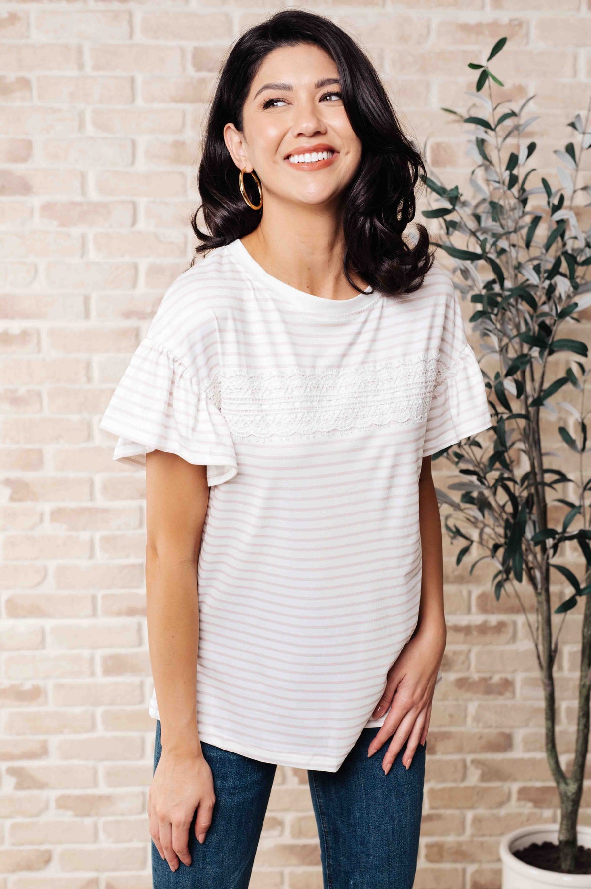 Hand to Hold Lace Detail Striped Top - 4/14/2025
