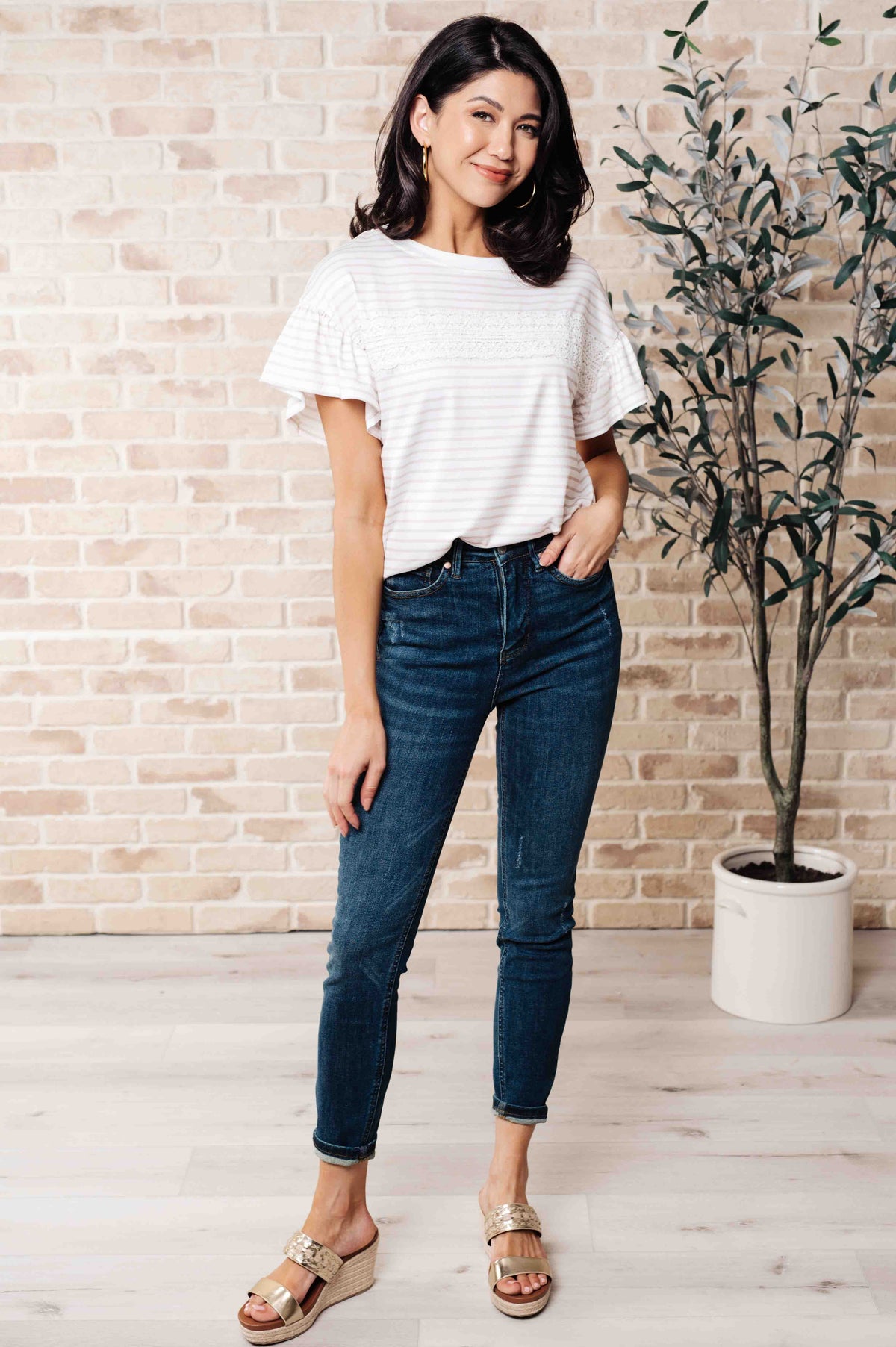 Hand to Hold Lace Detail Striped Top - 4/14/2025