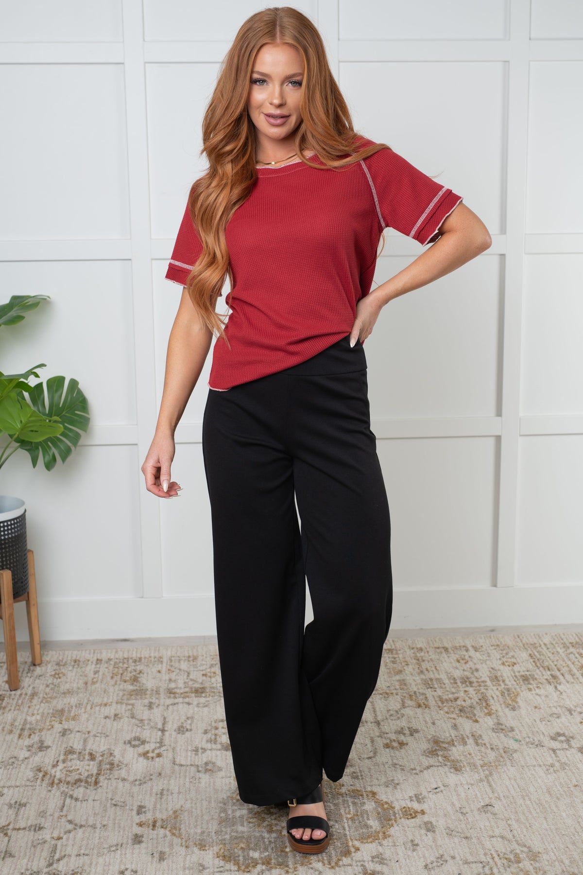 Heartbreaker Waffle Knit Tee in Cranberry - 9/11/2025