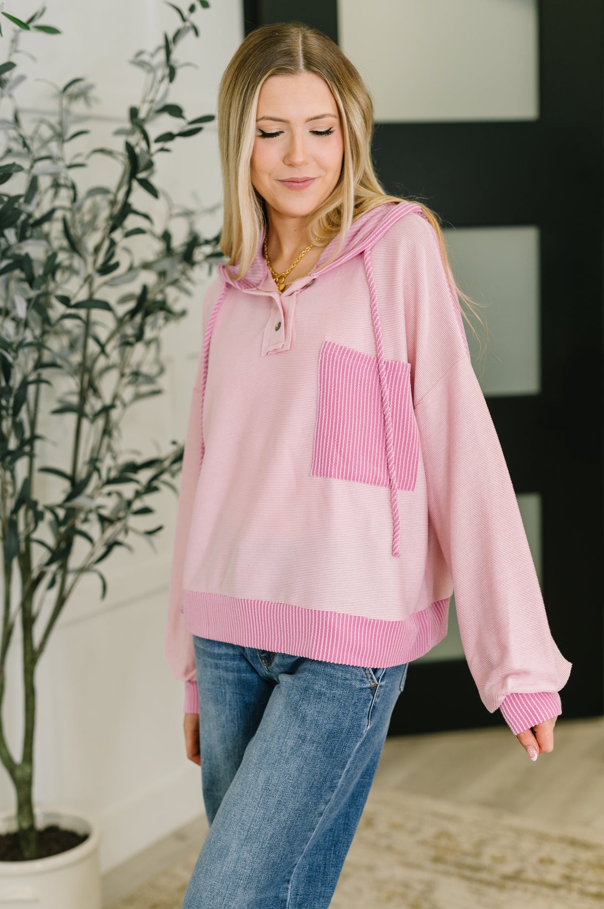 Here for Now Color Block Hoodie in Pink - 9/2/2025