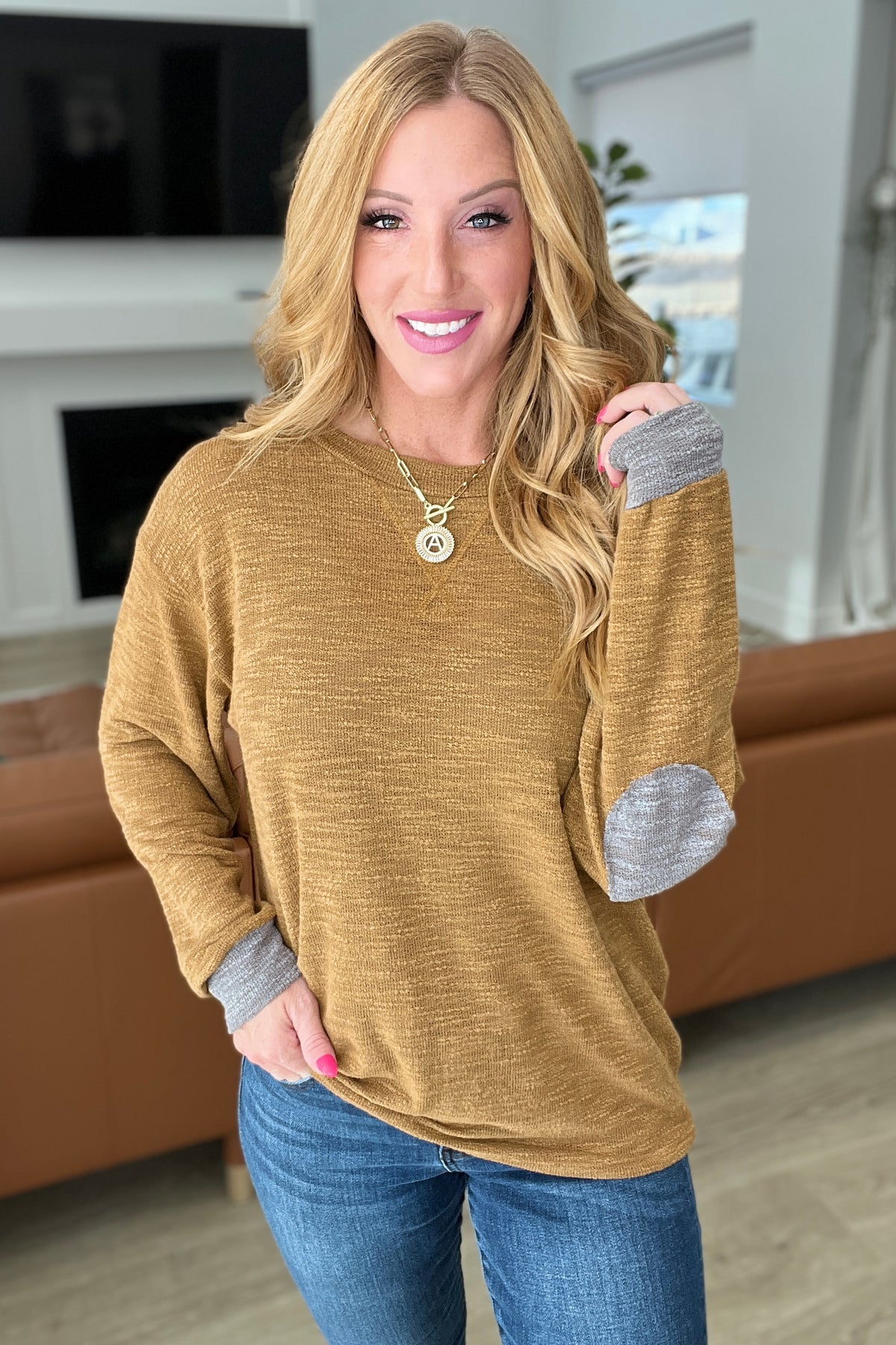 Textured Top with Elbow Patches in Camel - 11/22/2023