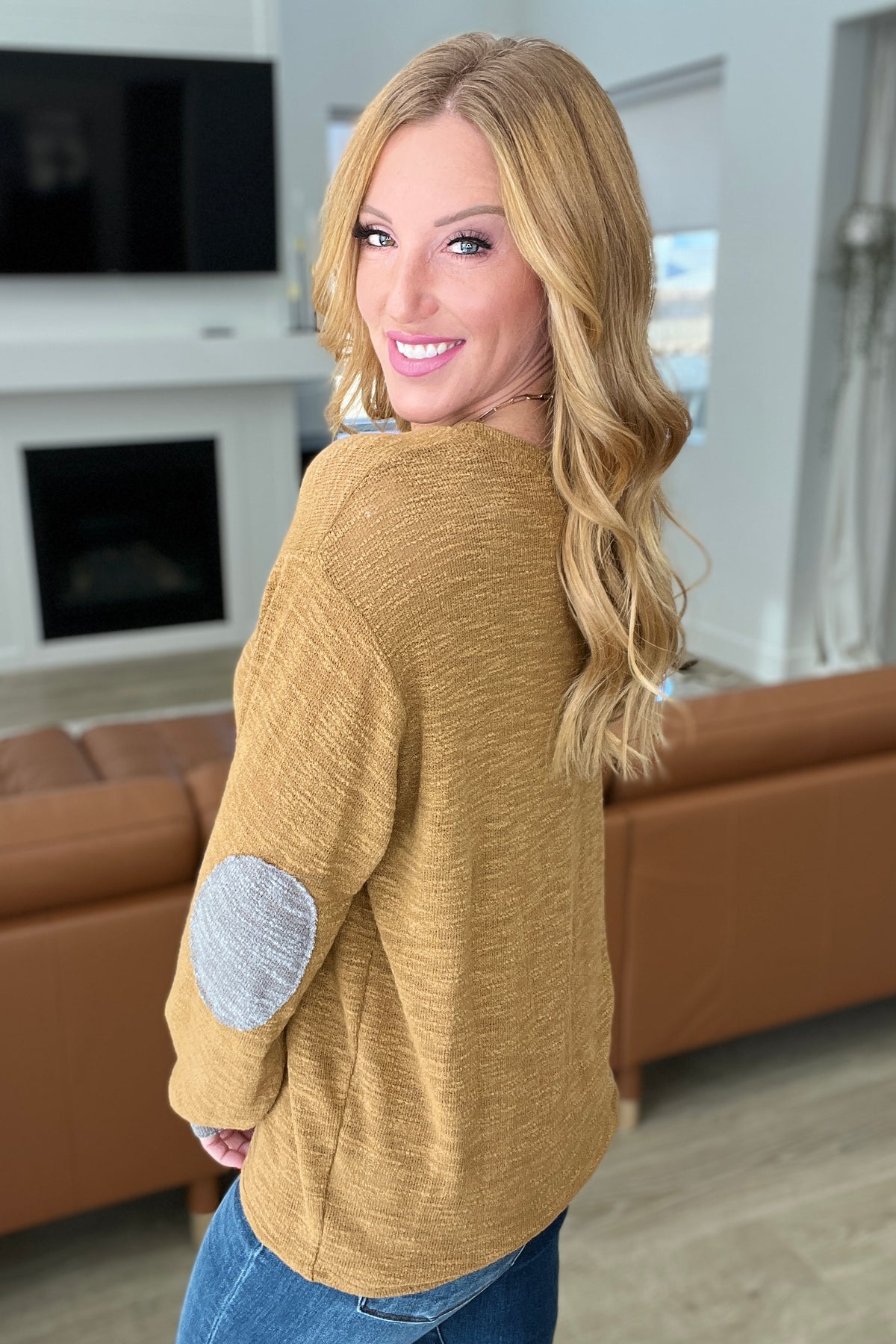 Textured Top with Elbow Patches in Camel - 11/22/2023