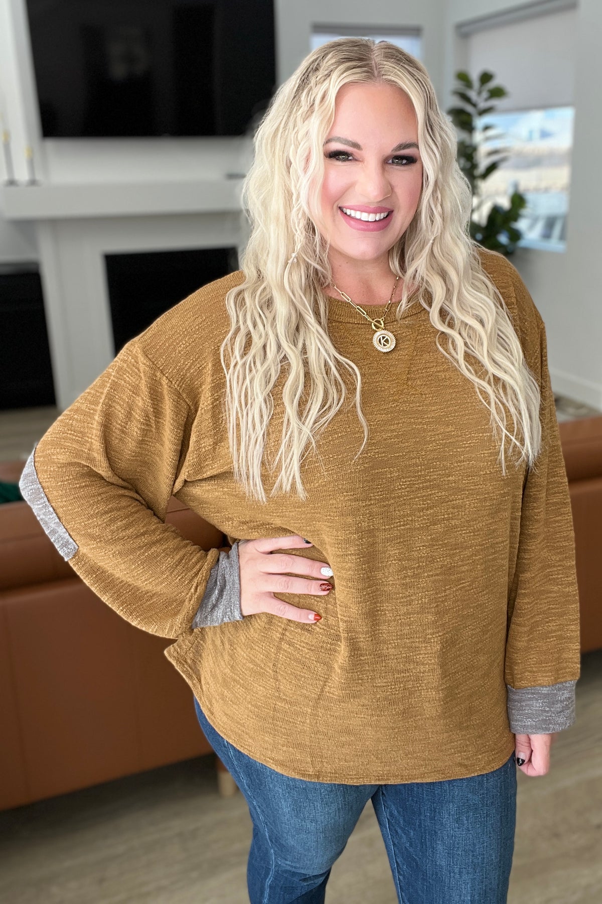 Textured Top with Elbow Patches in Camel - 11/22/2023