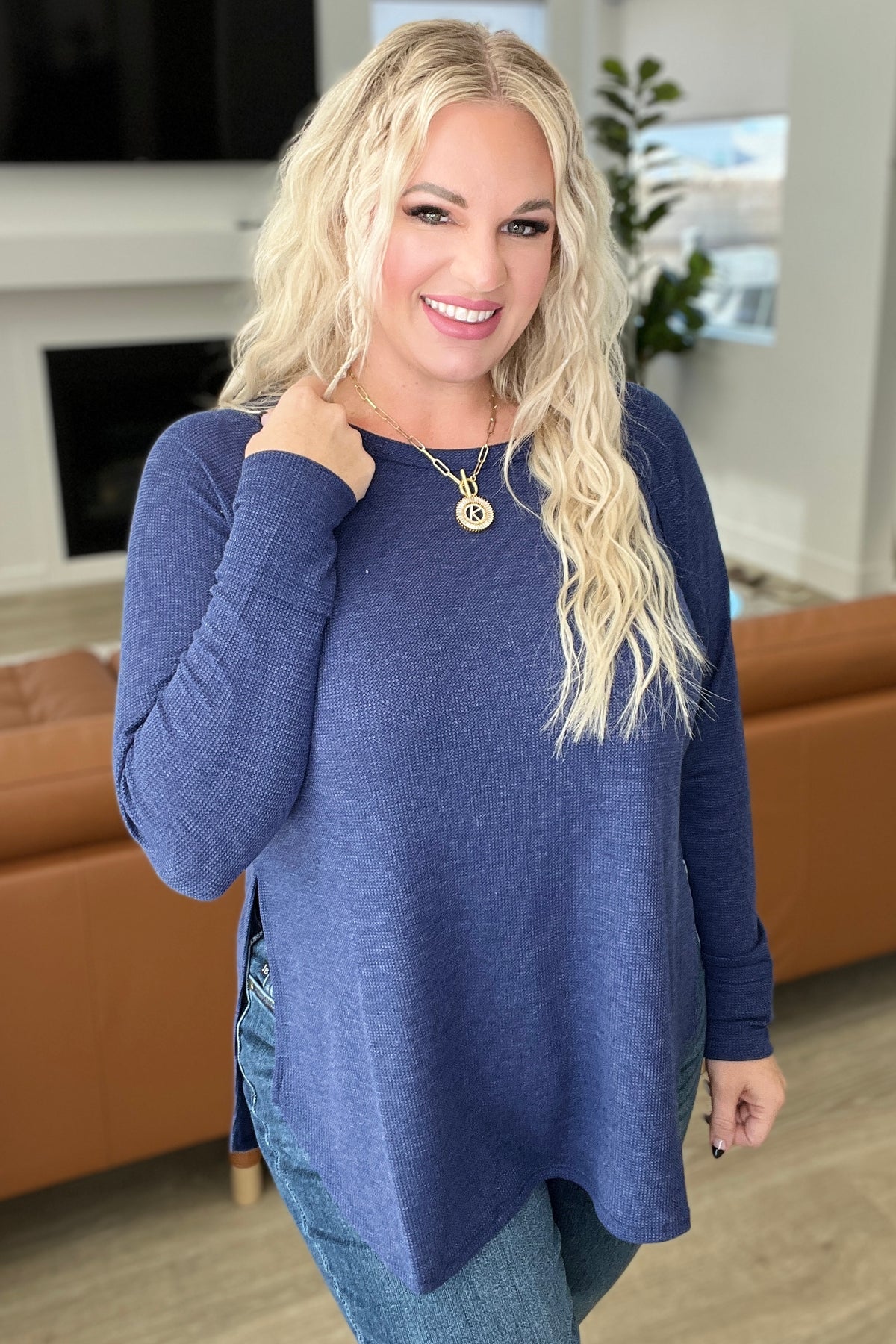 Melange Baby Waffle Long Sleeve Top in Light Navy - 11/22/2023
