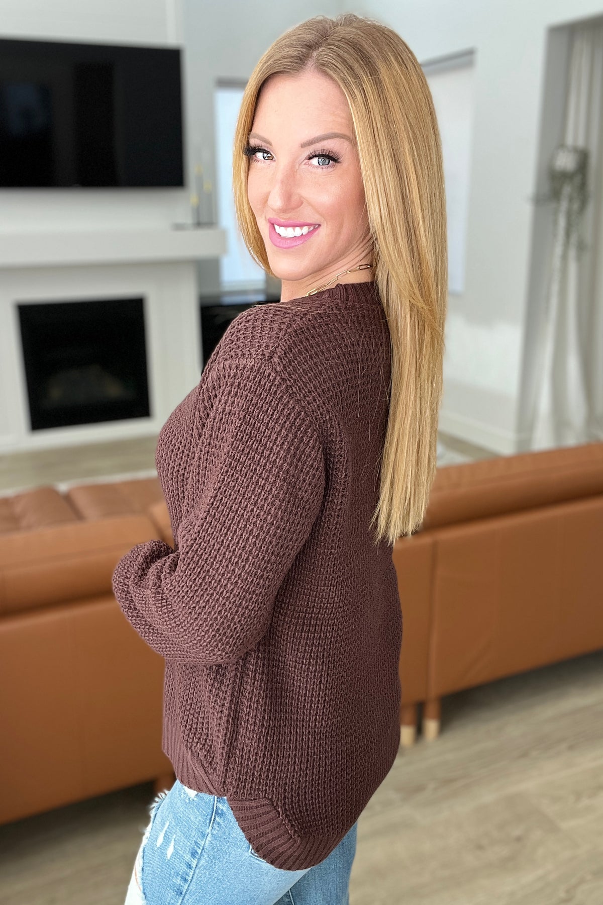 High Low Waffle Knit Sweater in Mahogany - 12/6/2023