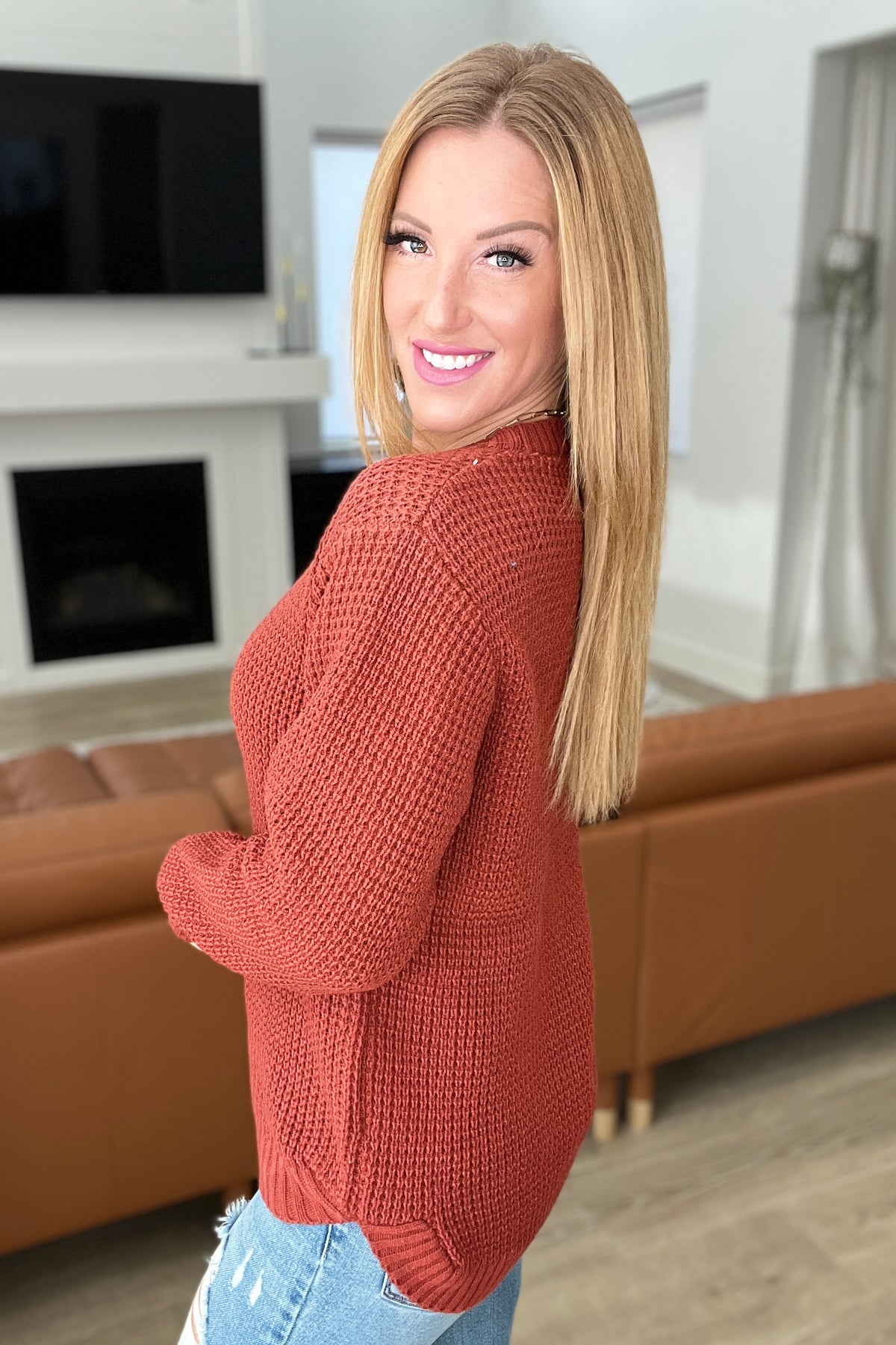 High Low Waffle Knit Sweater in Rust - 12/6/2023