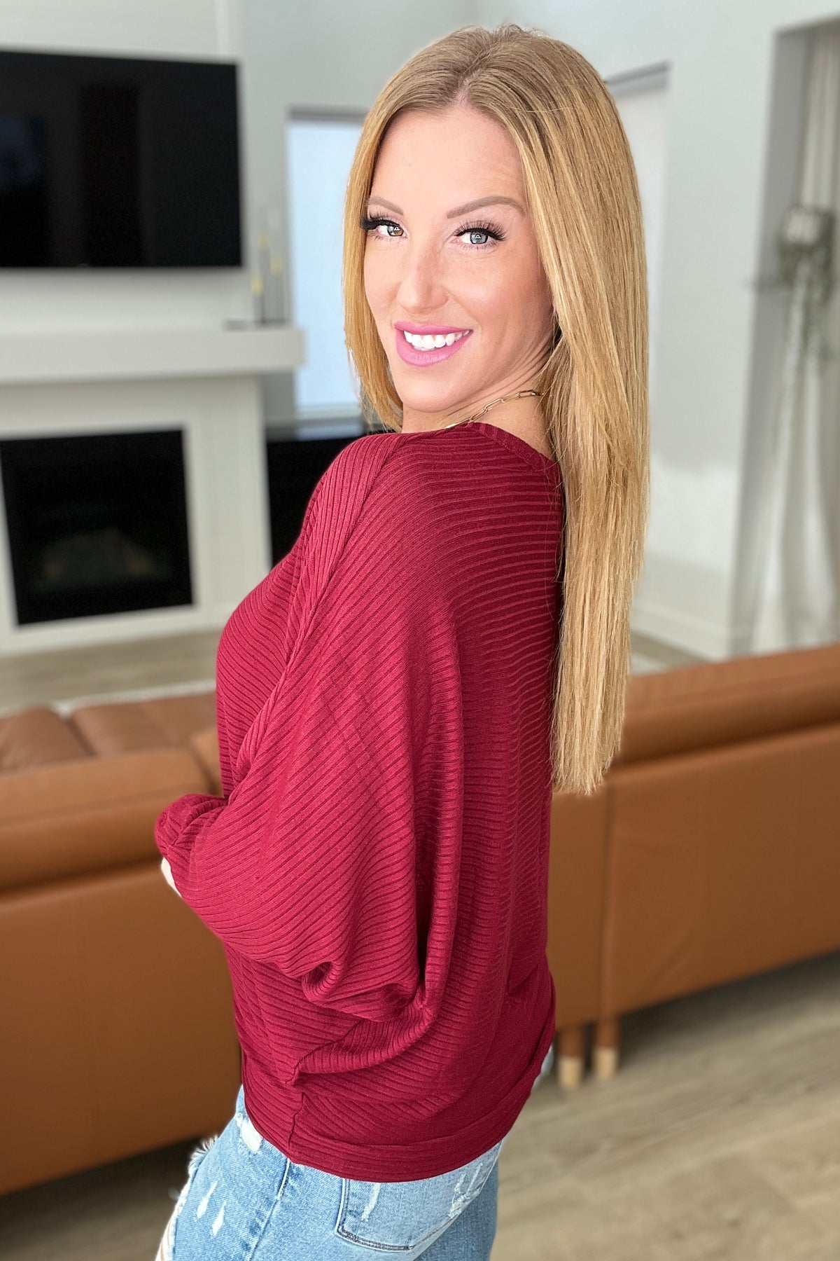 Ribbed Batwing Boat Neck Top in Dark Burgundy - 12/6/2023