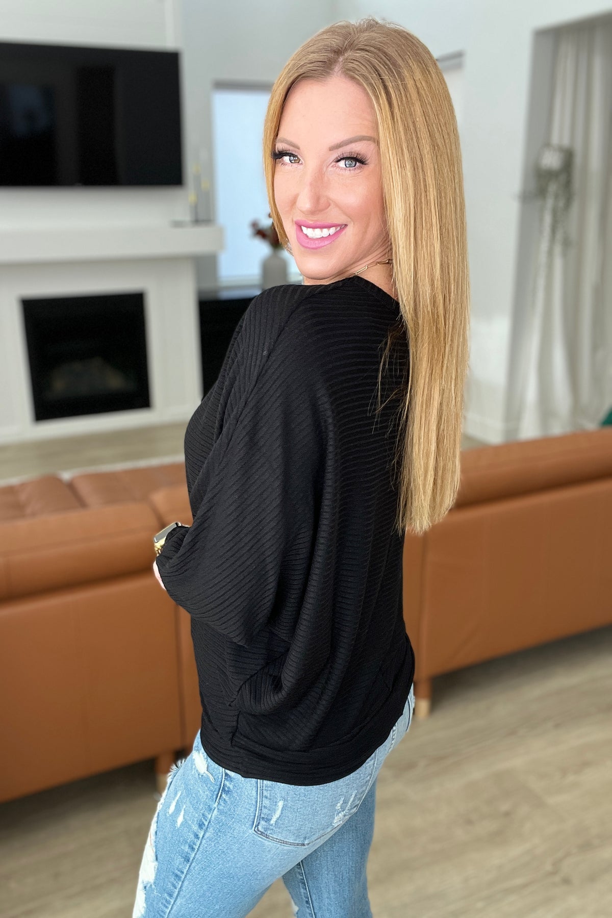 Ribbed Batwing Boat Neck Sweater in Black - 12/6/2023
