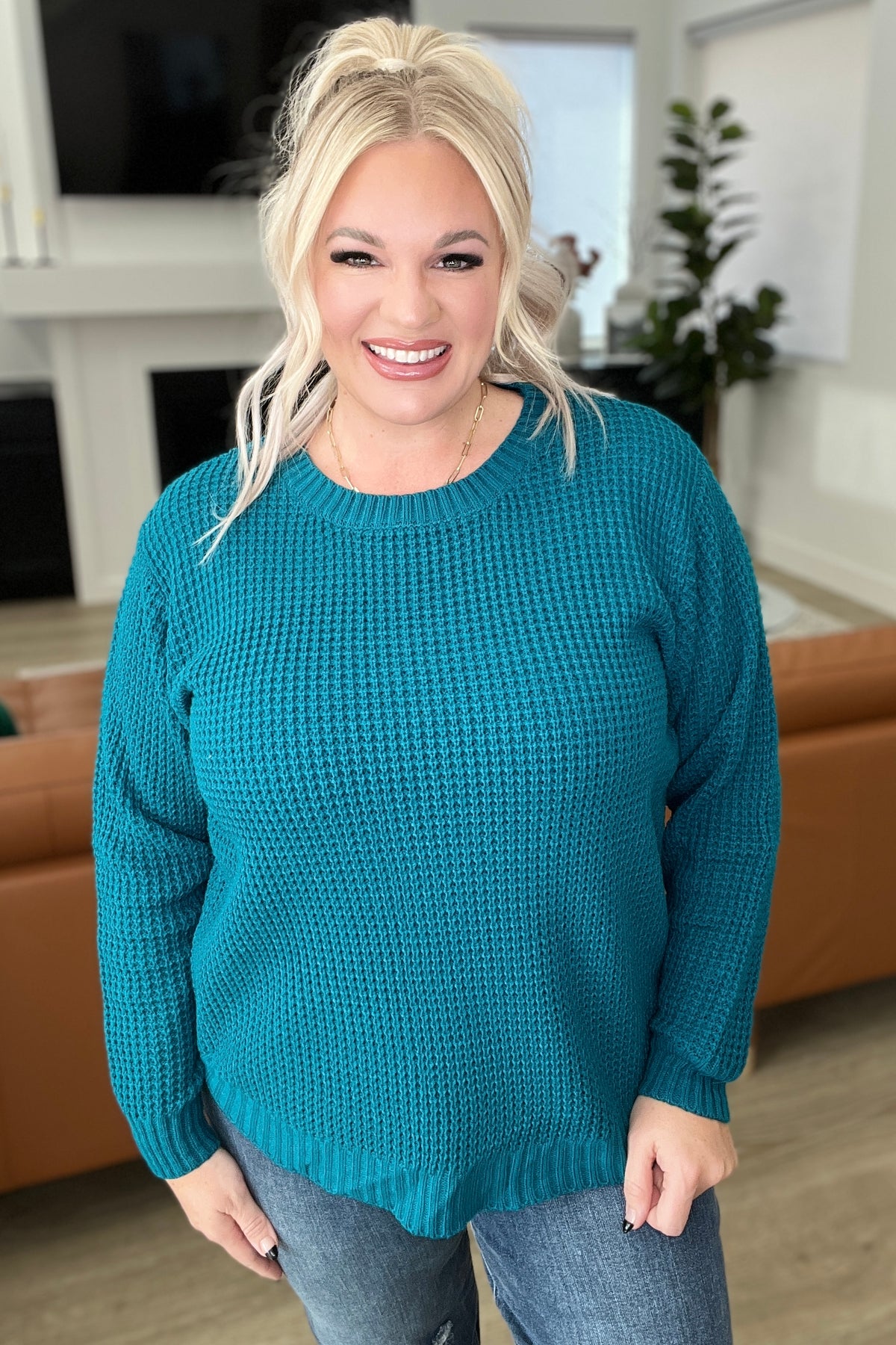 High Low Waffle Knit Sweater in Ocean Teal - 12/6/2023