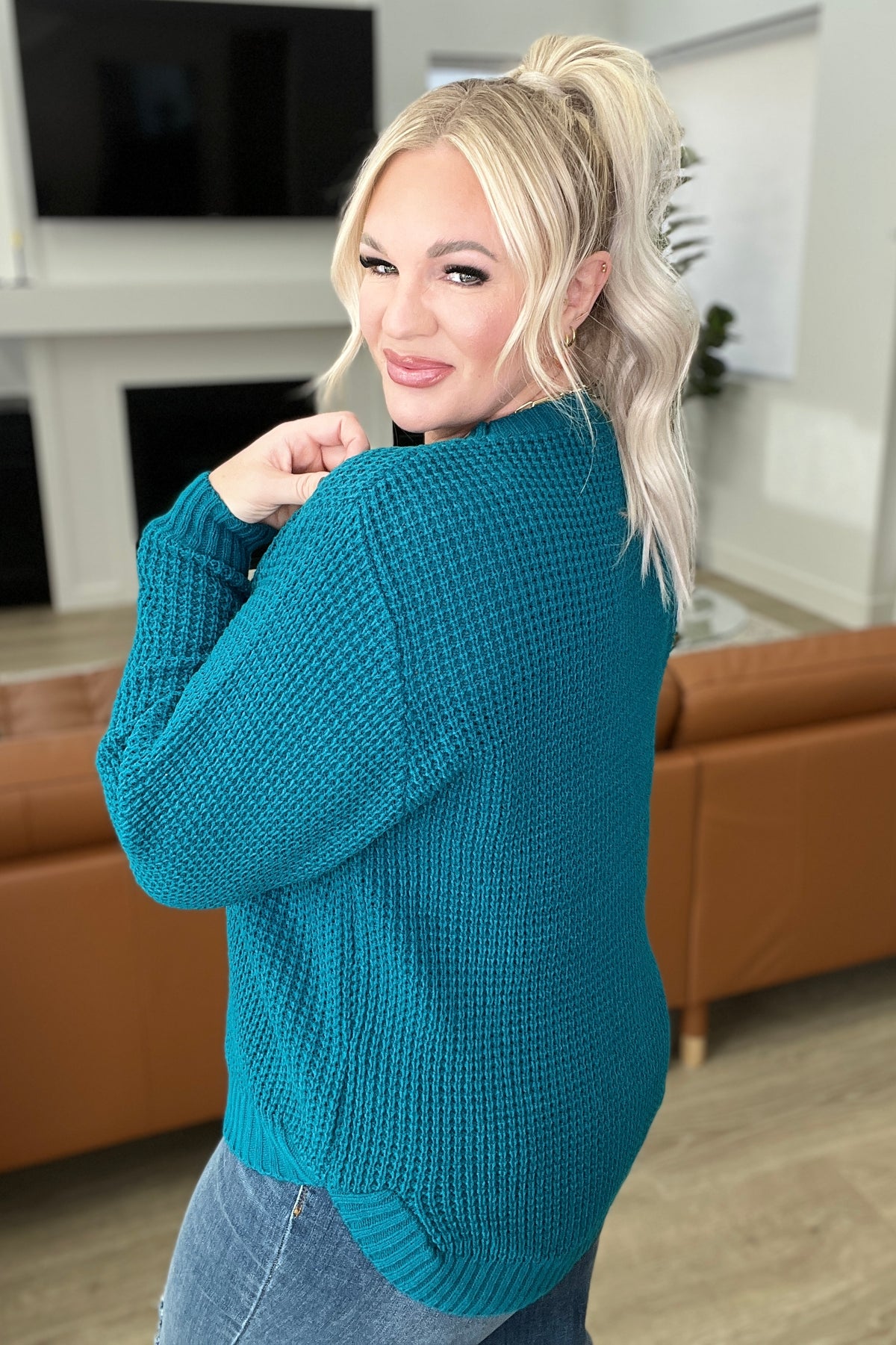 High Low Waffle Knit Sweater in Ocean Teal - 12/6/2023