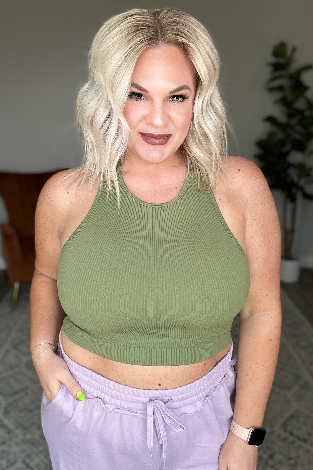 Ribbed Seamless High Neck Cropped Cami in Light Olive - 5/31/2023