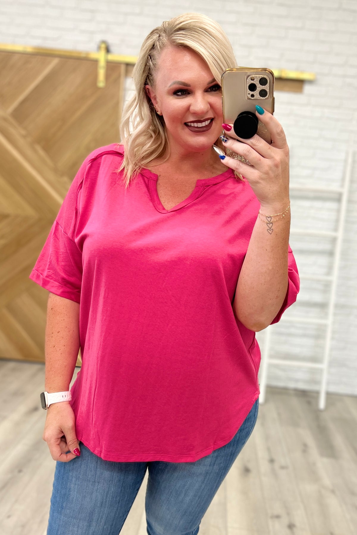 Notched Neck Drop Sleeve Top in Hot Pink - 7/26/2023
