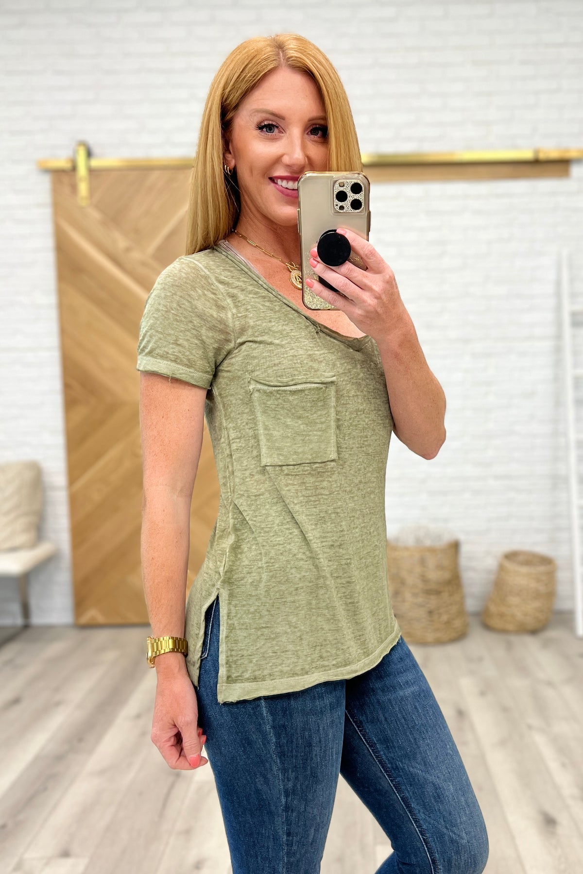 Melange Burnout V-Neck T-Shirt in Light Olive - 8/9/2023