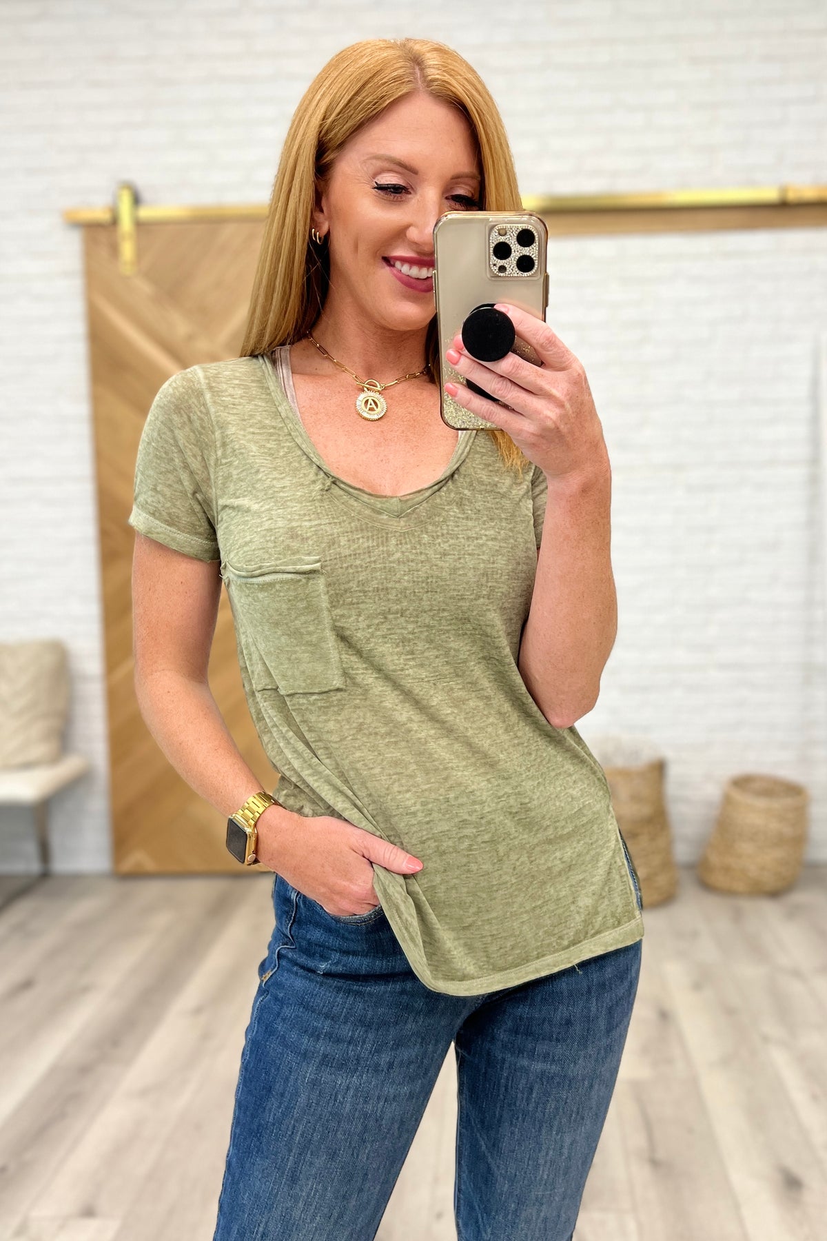 Melange Burnout V-Neck T-Shirt in Light Olive - 8/9/2023