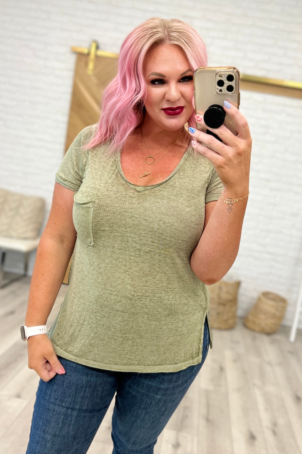 Melange Burnout V-Neck T-Shirt in Light Olive - 8/9/2023