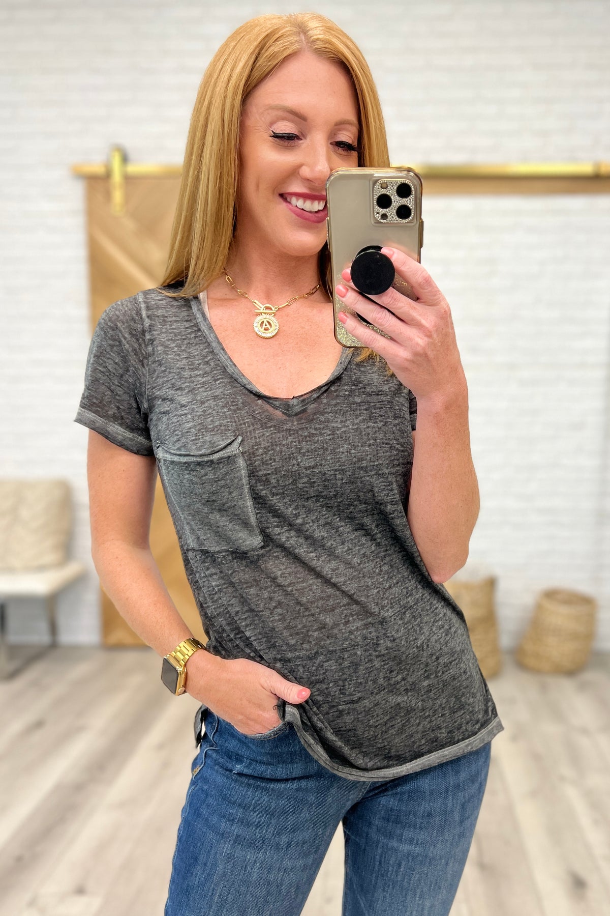 Melange Burnout V-Neck T-Shirt in Ash Black - 8/9/2023