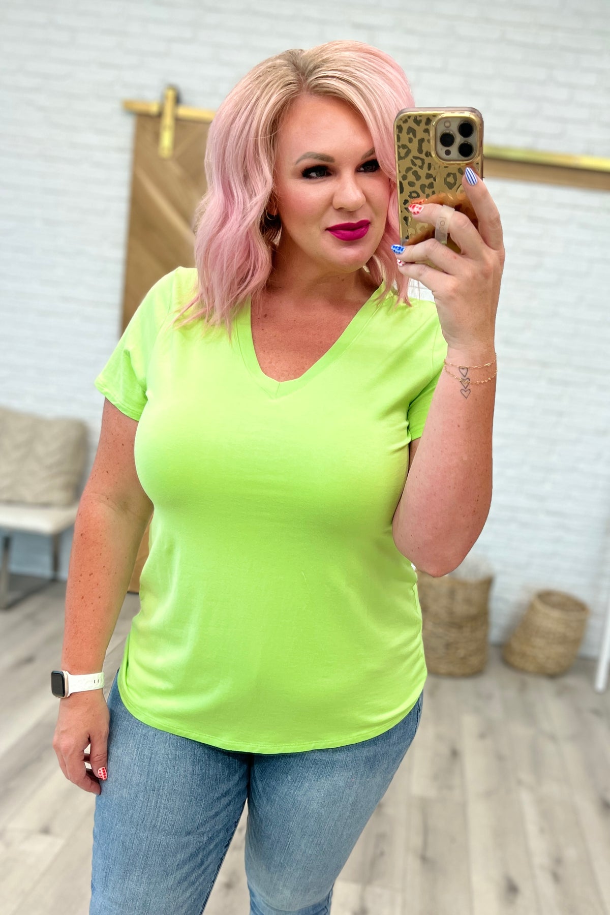 V-Neck Slim Short Sleeve Top in Lime - 8/2/2023